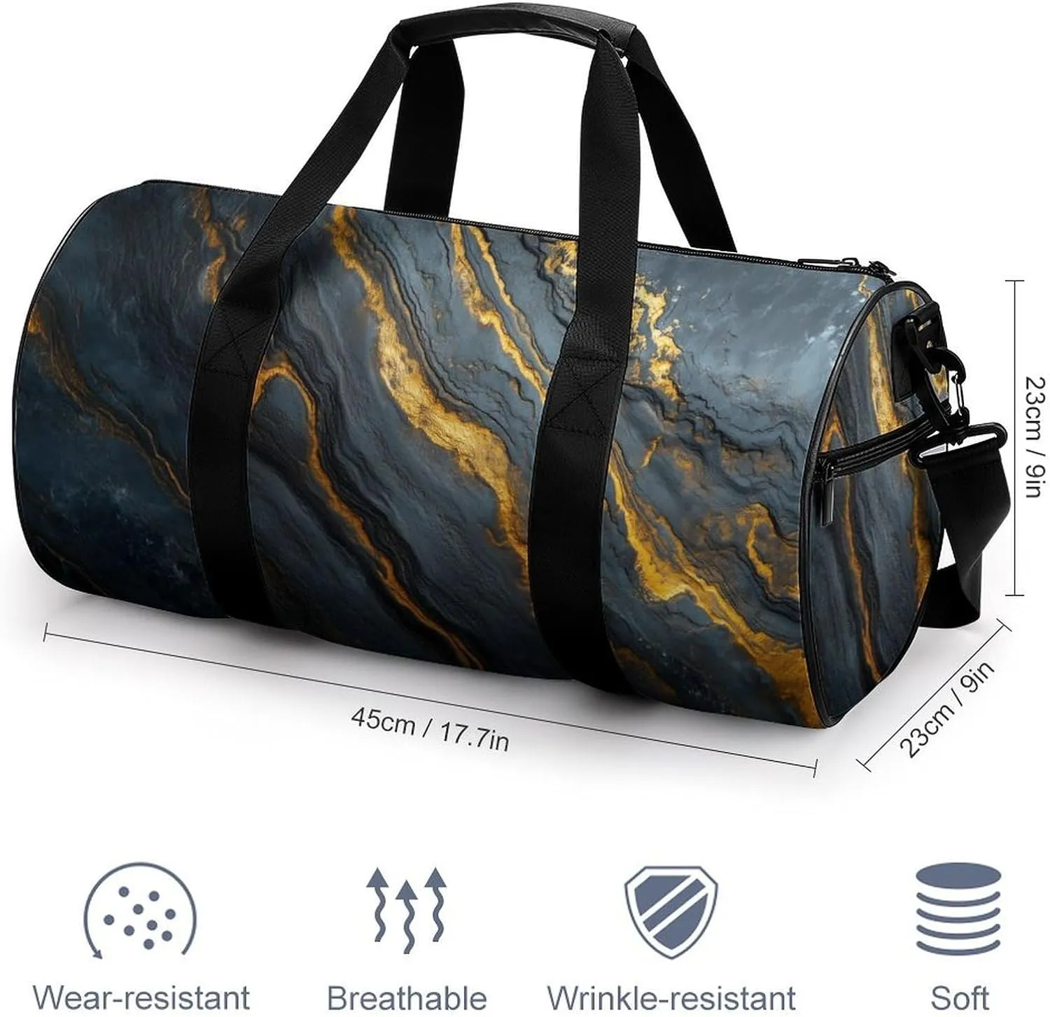 Black Glossy Marble Travel Gym Bag for Women Men Cylindrical Duffle Bag Sport Workout Bag with Shoulder Strap