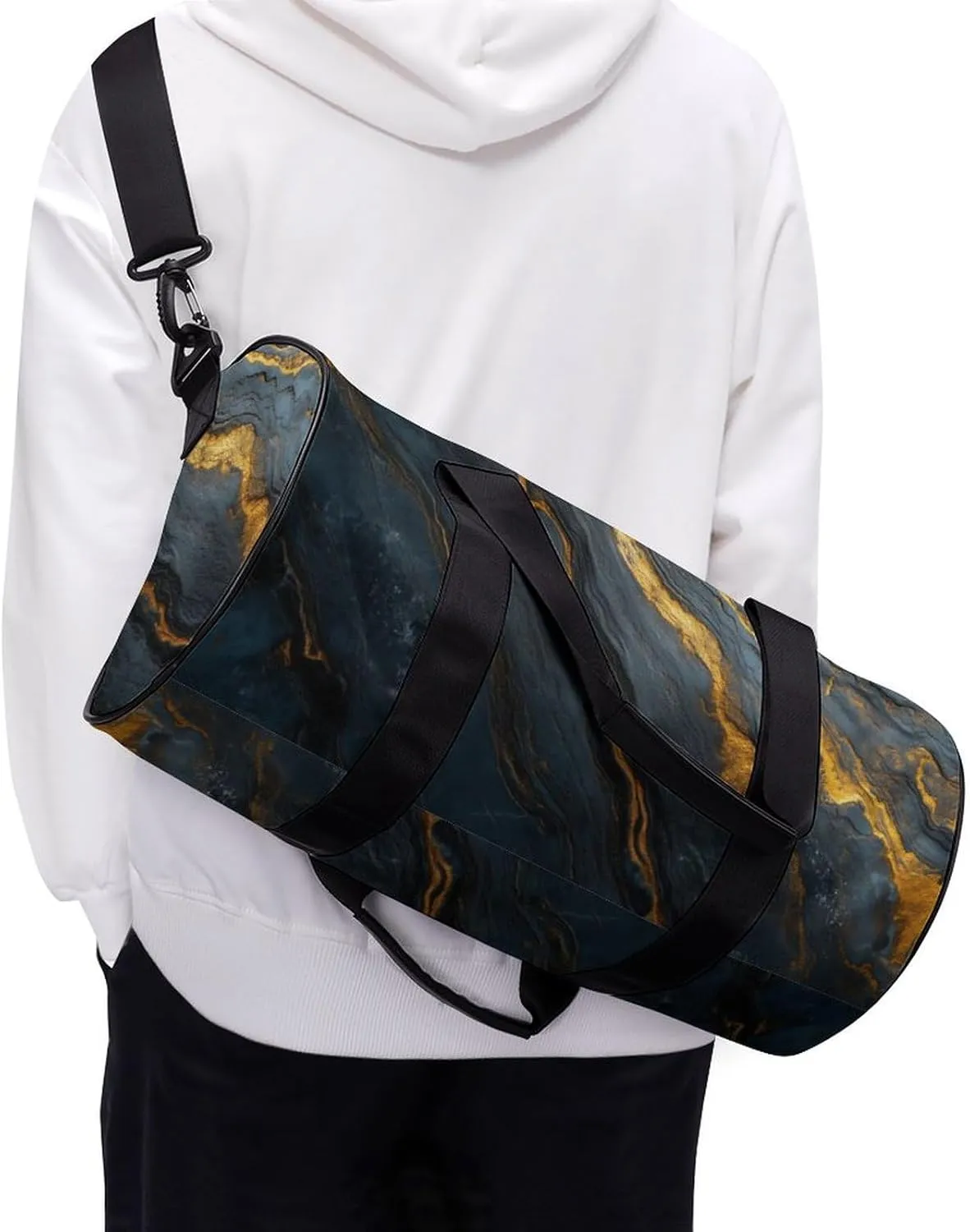 Black Glossy Marble Travel Gym Bag for Women Men Cylindrical Duffle Bag Sport Workout Bag with Shoulder Strap