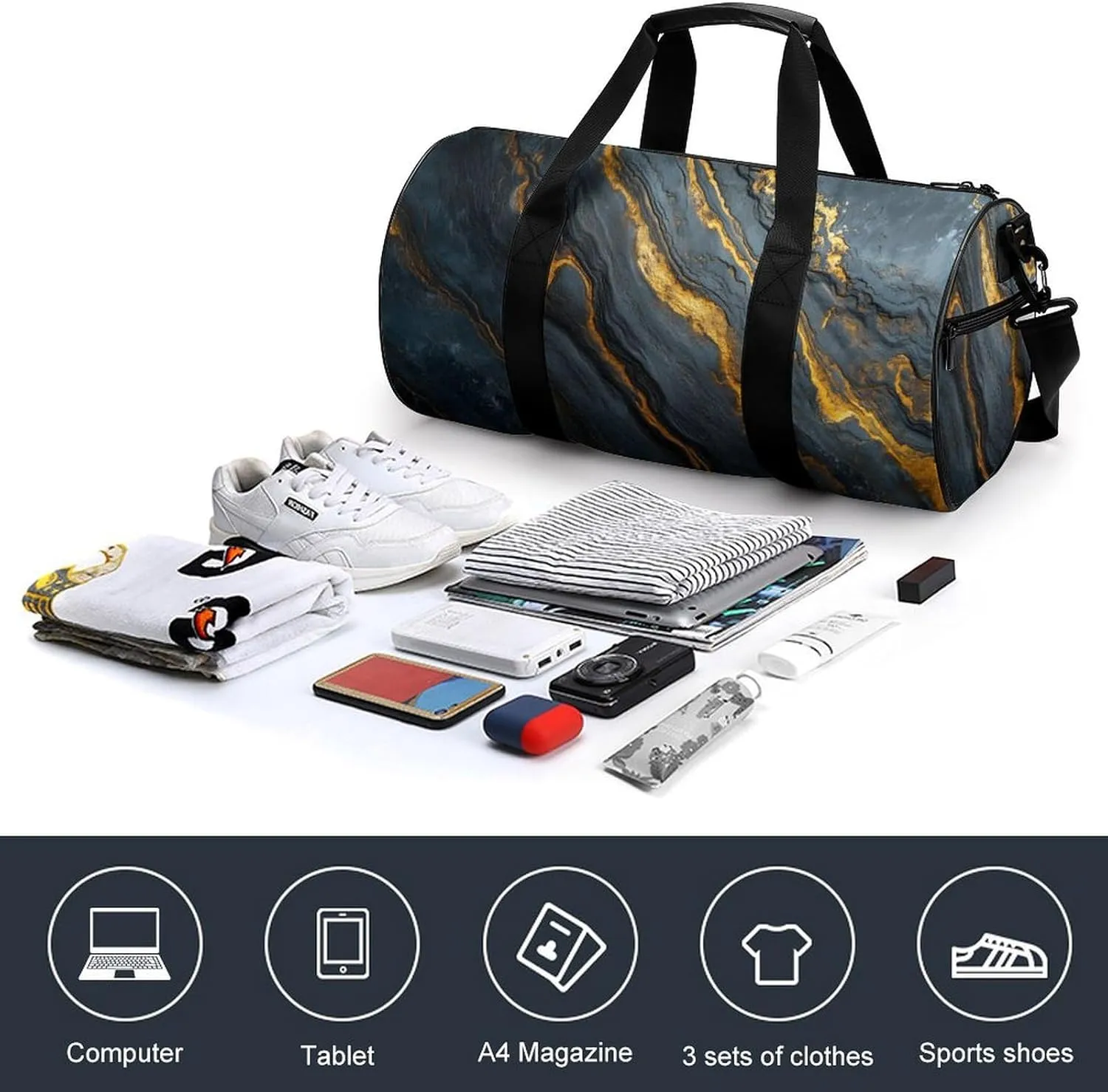 Black Glossy Marble Travel Gym Bag for Women Men Cylindrical Duffle Bag Sport Workout Bag with Shoulder Strap