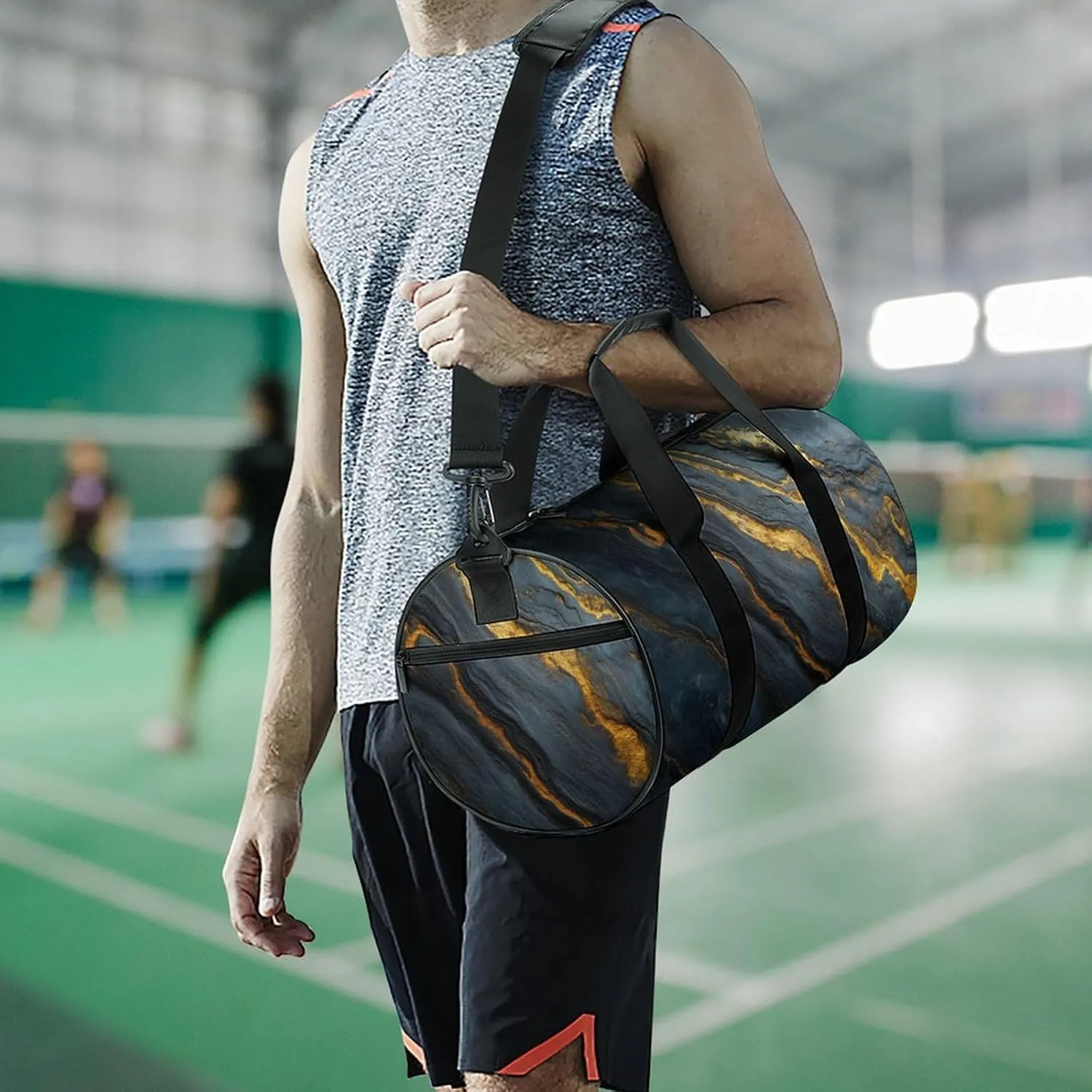 Black Glossy Marble Travel Gym Bag for Women Men Cylindrical Duffle Bag Sport Workout Bag with Shoulder Strap
