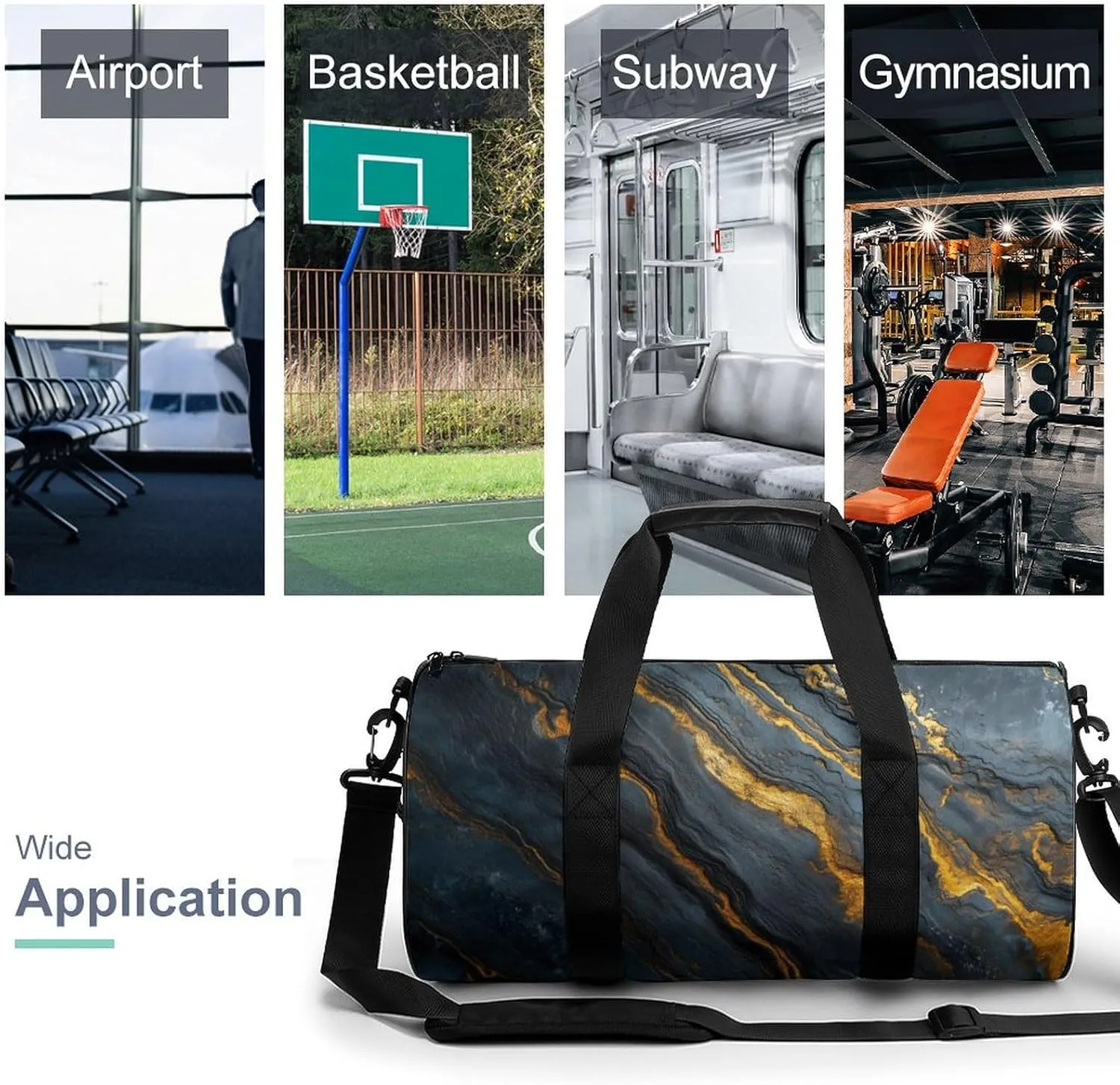 Black Glossy Marble Travel Gym Bag for Women Men Cylindrical Duffle Bag Sport Workout Bag with Shoulder Strap