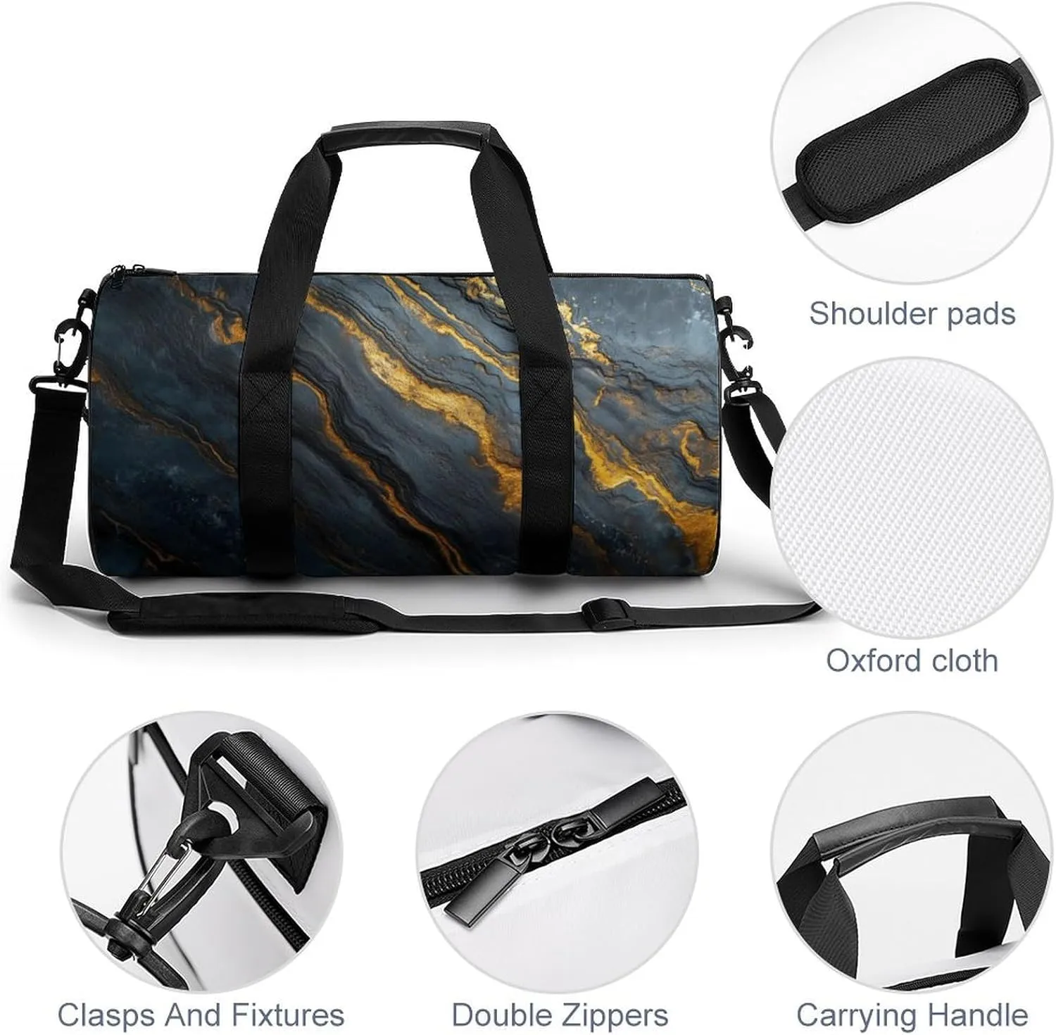 Black Glossy Marble Travel Gym Bag for Women Men Cylindrical Duffle Bag Sport Workout Bag with Shoulder Strap
