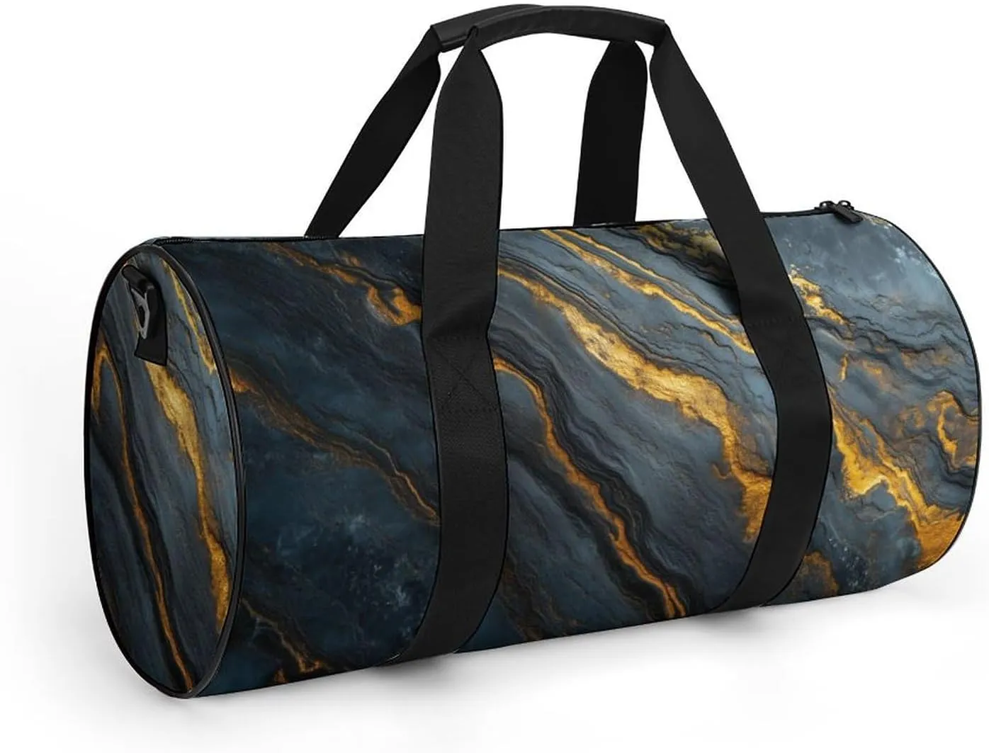 Black Glossy Marble Travel Gym Bag for Women Men Cylindrical Duffle Bag Sport Workout Bag with Shoulder Strap