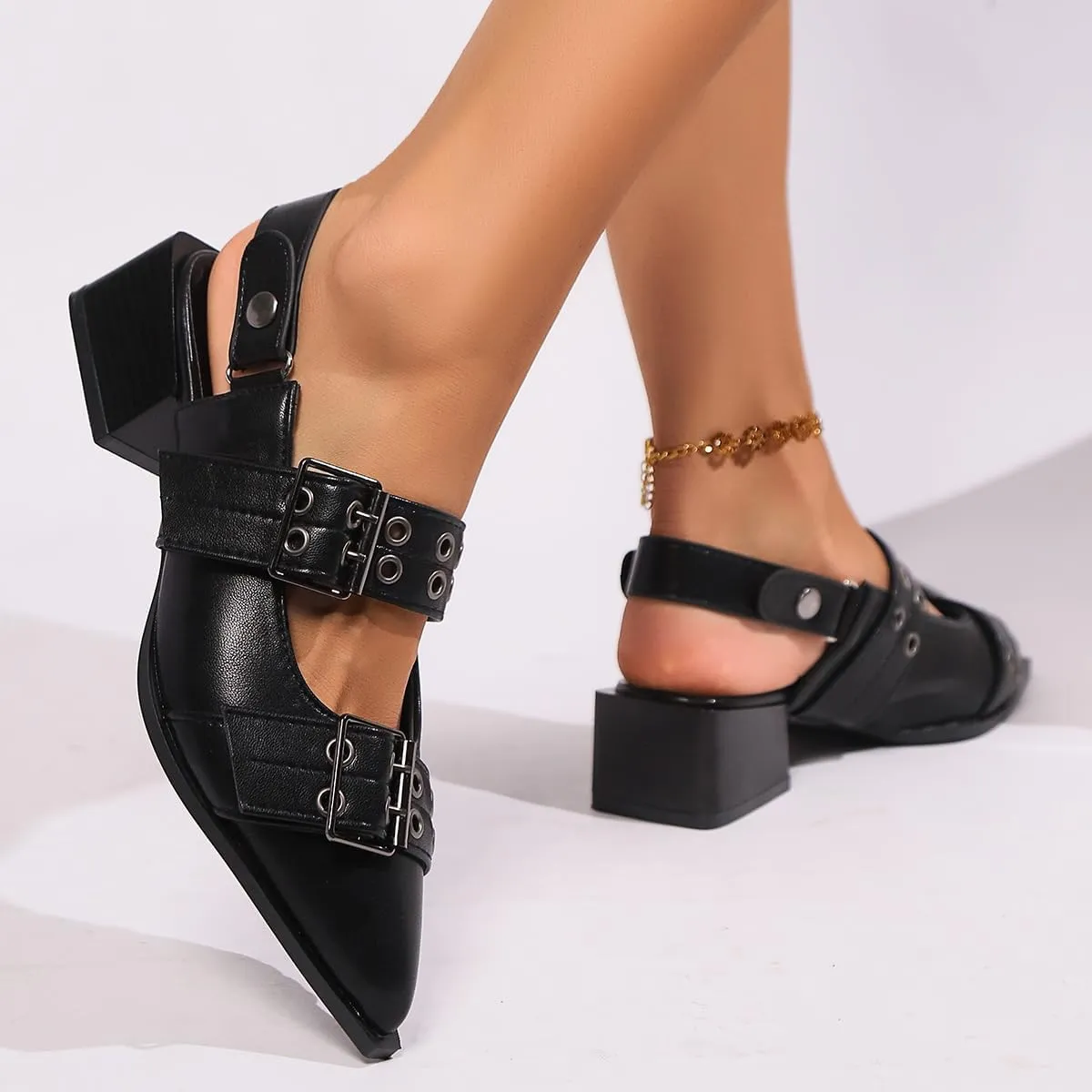 Buckle Ballet Flats for Women Mary Jane Flats Wide Welt Pointed Toe Ballerina Shoes Flat Square Block Heel Pumps Metal Punk Style Fashionable Office & Casual Wear