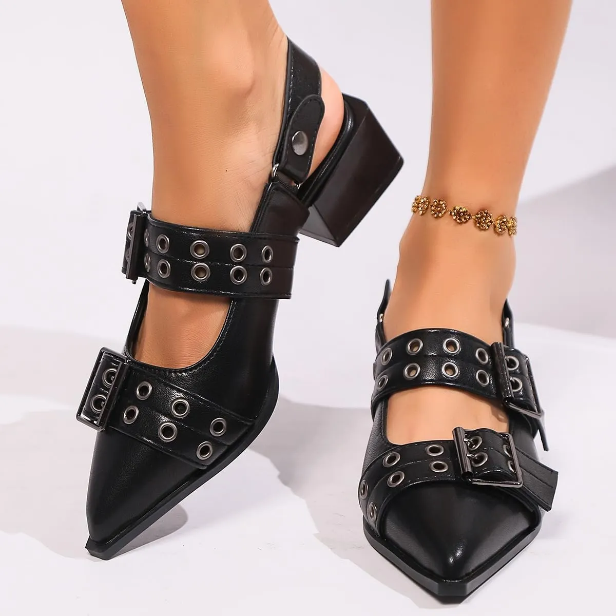 Buckle Ballet Flats for Women Mary Jane Flats Wide Welt Pointed Toe Ballerina Shoes Flat Square Block Heel Pumps Metal Punk Style Fashionable Office & Casual Wear