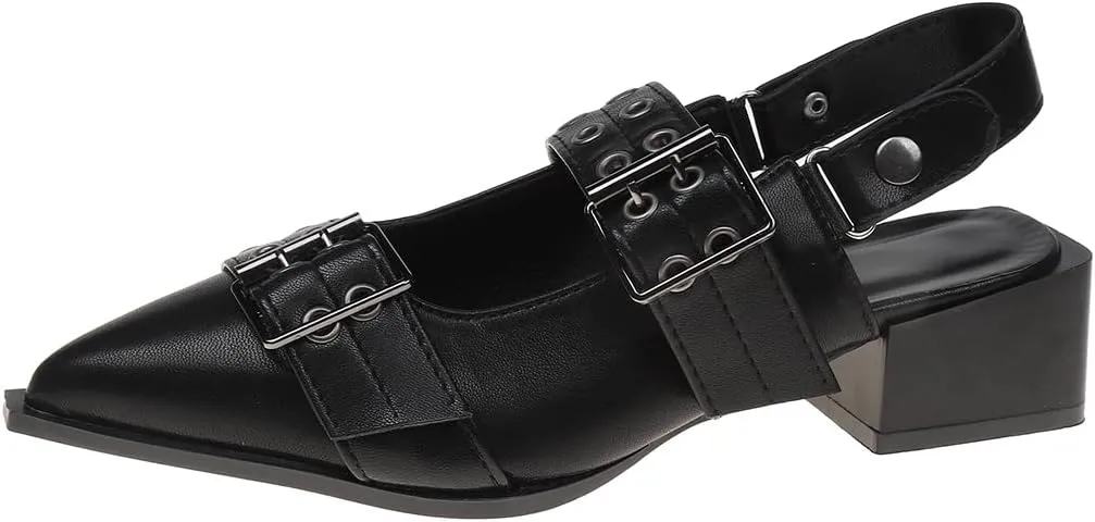 Buckle Ballet Flats for Women Mary Jane Flats Wide Welt Pointed Toe Ballerina Shoes Flat Square Block Heel Pumps Metal Punk Style Fashionable Office & Casual Wear