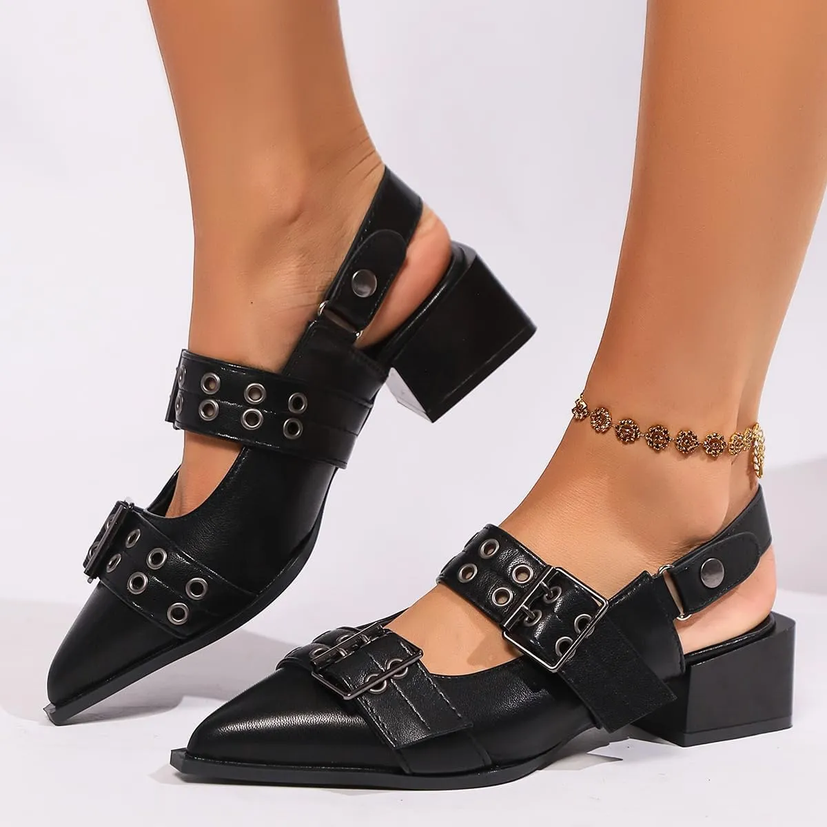 Buckle Ballet Flats for Women Mary Jane Flats Wide Welt Pointed Toe Ballerina Shoes Flat Square Block Heel Pumps Metal Punk Style Fashionable Office & Casual Wear