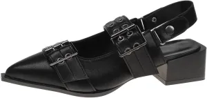 Buckle Ballet Flats for Women Mary Jane Flats Wide Welt Pointed Toe Ballerina Shoes Flat Square Block Heel Pumps Metal Punk Style Fashionable Office & Casual Wear