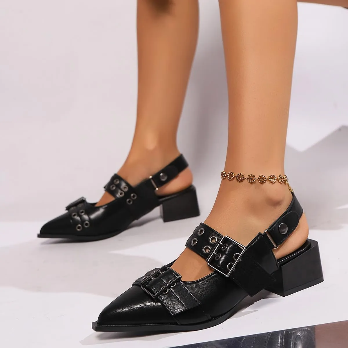 Buckle Ballet Flats for Women Mary Jane Flats Wide Welt Pointed Toe Ballerina Shoes Flat Square Block Heel Pumps Metal Punk Style Fashionable Office & Casual Wear