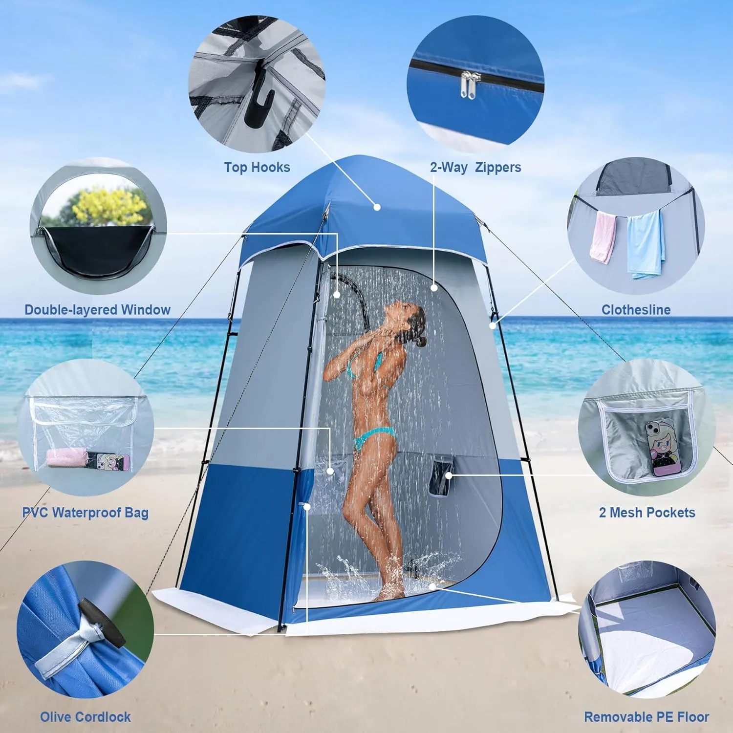 Camping Shower Tent, Oversize Pop Up Changing Tent, Portable Outdoor Bathroom Toilet Tent with Floor, Easy Set Up Privacy Shelter for Dressing, Hiking, Fishing, UPF50 