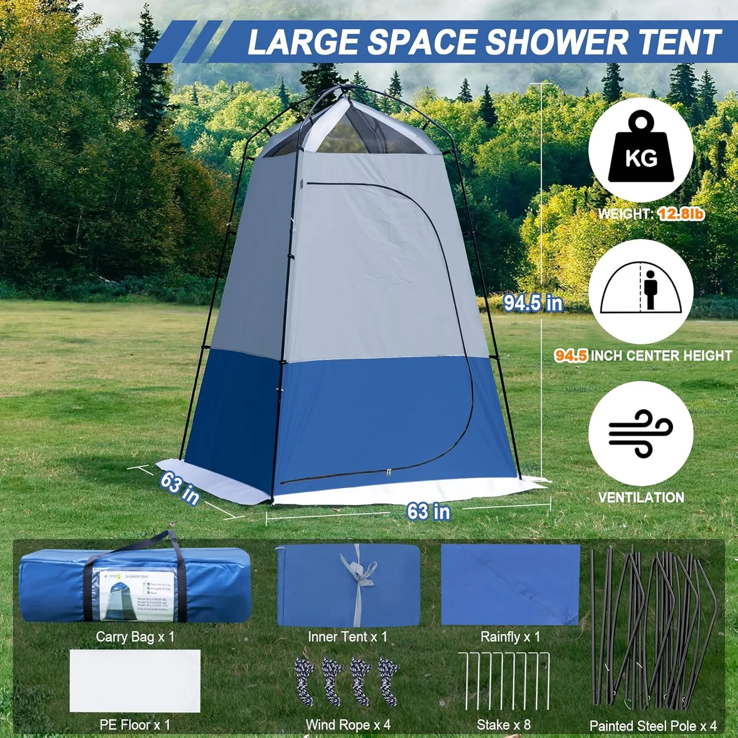 Camping Shower Tent, Oversize Pop Up Changing Tent, Portable Outdoor Bathroom Toilet Tent with Floor, Easy Set Up Privacy Shelter for Dressing, Hiking, Fishing, UPF50 