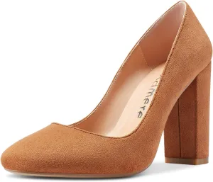 Castamere Women's High Block Heel Pumps Slip On Classic Round Toe Heels Wedding Party Dress Office Shoes 10CM
