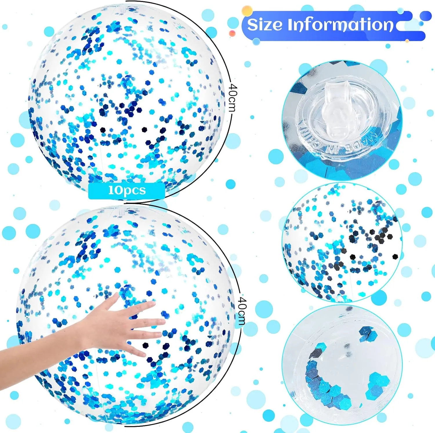 Civaner 10 Pieces Inflatable Beach Balls 16 Inch Glitter Summer Swimming Pool Balls Wedding Outdoor Decor Ornaments Floatable Confetti Decoration for Beach Xmas Party Favor(Blue,Glitter)