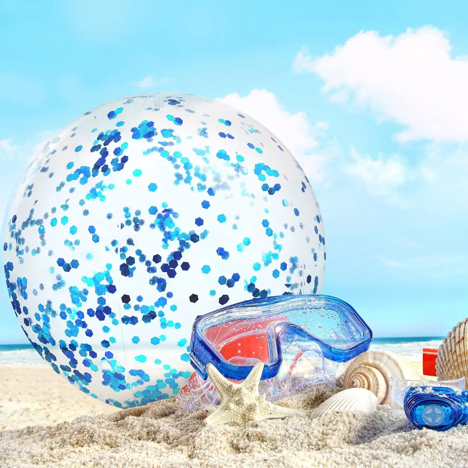 Civaner 10 Pieces Inflatable Beach Balls 16 Inch Glitter Summer Swimming Pool Balls Wedding Outdoor Decor Ornaments Floatable Confetti Decoration for Beach Xmas Party Favor(Blue,Glitter)