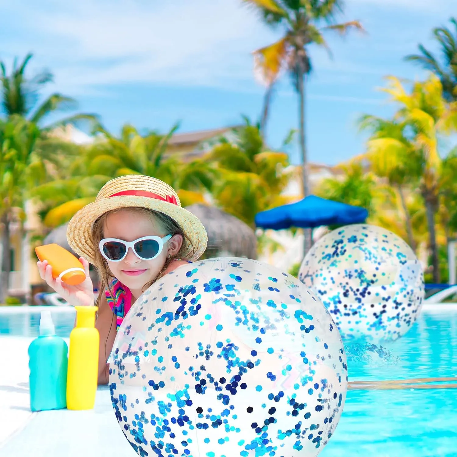Civaner 10 Pieces Inflatable Beach Balls 16 Inch Glitter Summer Swimming Pool Balls Wedding Outdoor Decor Ornaments Floatable Confetti Decoration for Beach Xmas Party Favor(Blue,Glitter)
