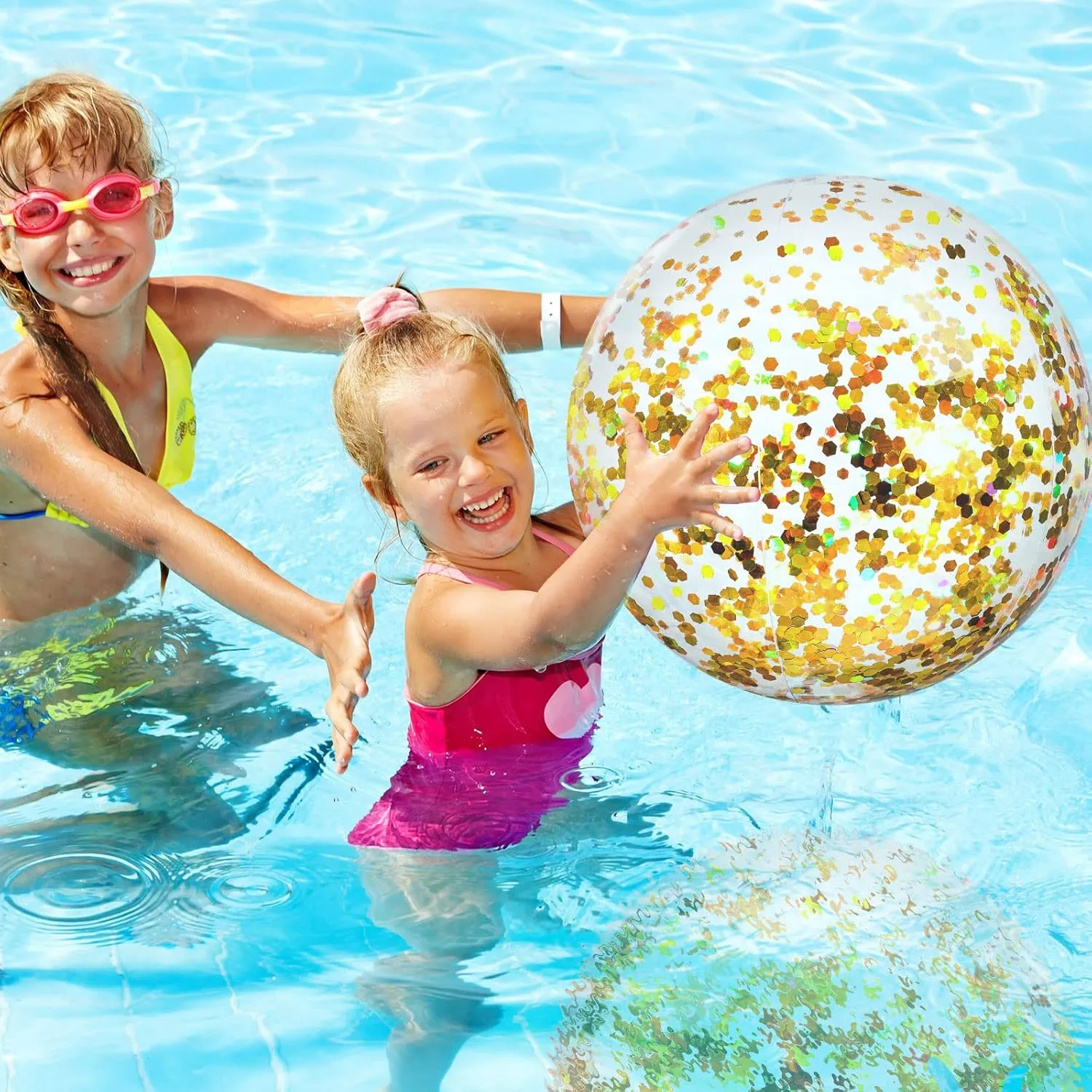 Civaner 10 Pieces Inflatable Beach Balls 16 Inch Glitter Summer Swimming Pool Balls Wedding Outdoor Decor Ornaments Floatable Confetti Decoration for Beach Xmas Party Favor(Gold,Sequins)