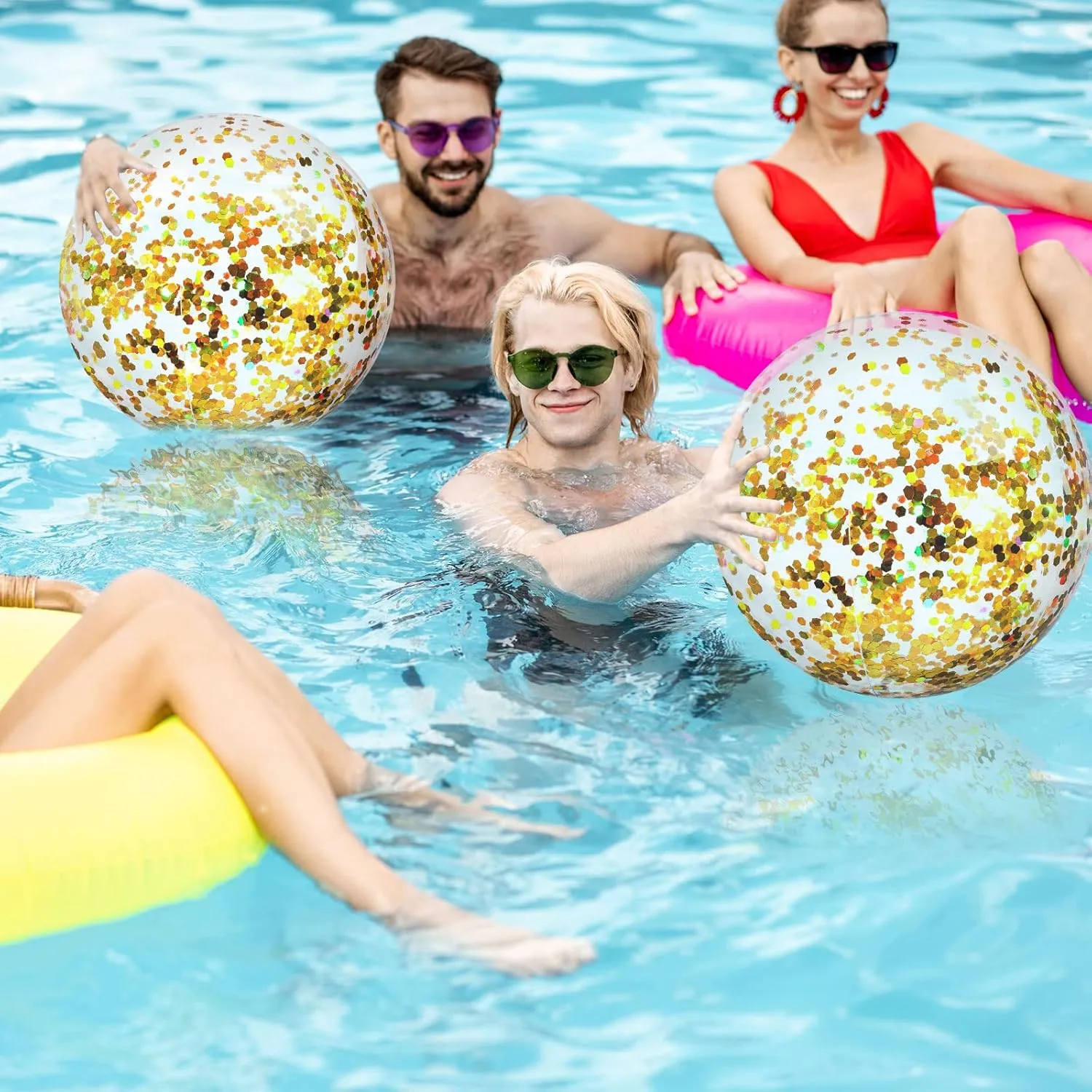 Civaner 10 Pieces Inflatable Beach Balls 16 Inch Glitter Summer Swimming Pool Balls Wedding Outdoor Decor Ornaments Floatable Confetti Decoration for Beach Xmas Party Favor(Gold,Sequins)