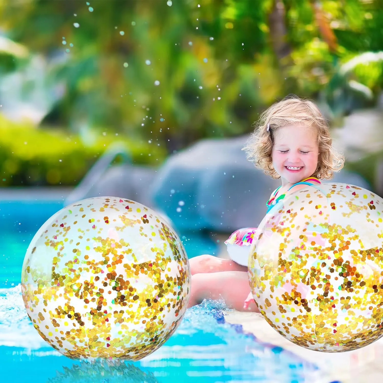 Civaner 10 Pieces Inflatable Beach Balls 16 Inch Glitter Summer Swimming Pool Balls Wedding Outdoor Decor Ornaments Floatable Confetti Decoration for Beach Xmas Party Favor(Gold,Sequins)