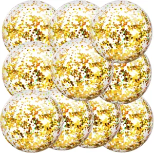 Civaner 10 Pieces Inflatable Beach Balls 16 Inch Glitter Summer Swimming Pool Balls Wedding Outdoor Decor Ornaments Floatable Confetti Decoration for Beach Xmas Party Favor(Gold,Sequins)