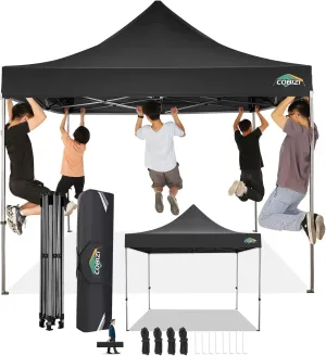 COBIZI 10x10 Pop Up Canopy Without Sidewall,Heavy Duty Canopy UPF 50  All Season Wind Waterproof Commercial Outdoor Wedding Party Tents for Parties Canopy Gazebo with Carry Bag(10 x 10 ft Black)