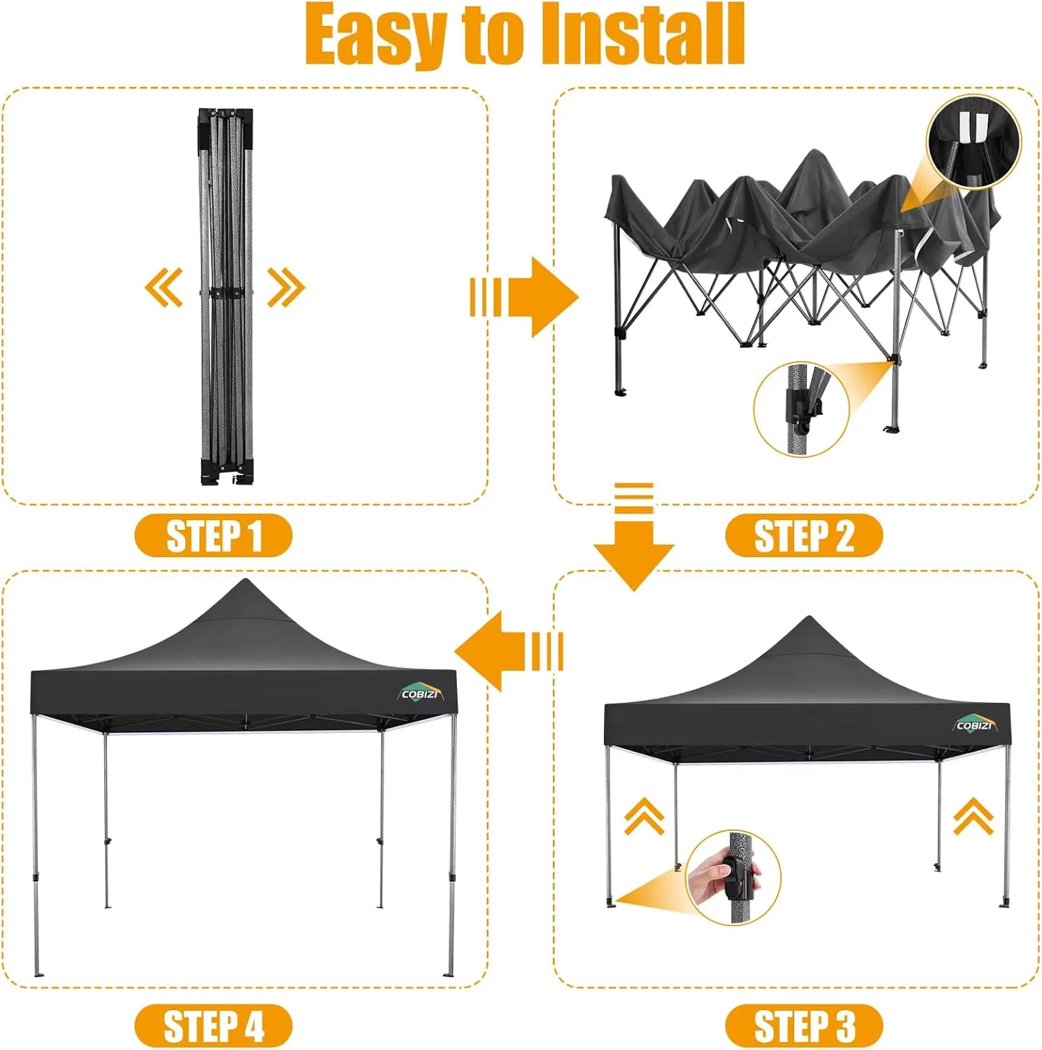 COBIZI 10x10 Pop Up Canopy Without Sidewall,Heavy Duty Canopy UPF 50  All Season Wind Waterproof Commercial Outdoor Wedding Party Tents for Parties Canopy Gazebo with Carry Bag(10 x 10 ft Black)