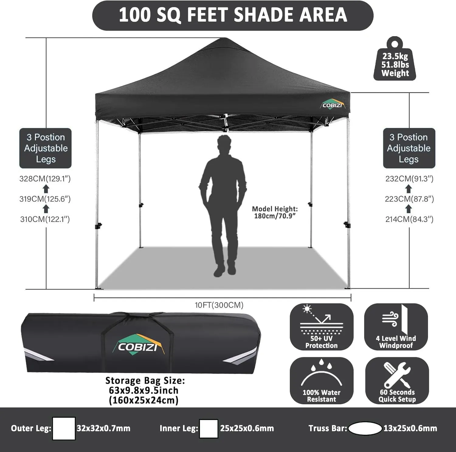 COBIZI 10x10 Pop Up Canopy Without Sidewall,Heavy Duty Canopy UPF 50  All Season Wind Waterproof Commercial Outdoor Wedding Party Tents for Parties Canopy Gazebo with Carry Bag(10 x 10 ft Black)