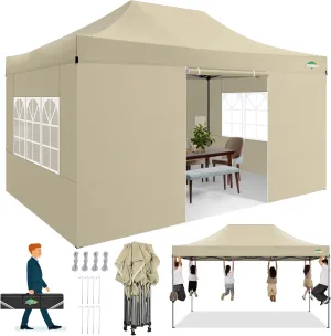COBIZI 10x15 Pop up Canopy Gazebo 3.0, Easy up Heavy Duty Canopy with 4 Removable Sidewalls, High Stability, All Weather Sunshade 100% Waterproof Outdoor Canopy Tents, Khaki
