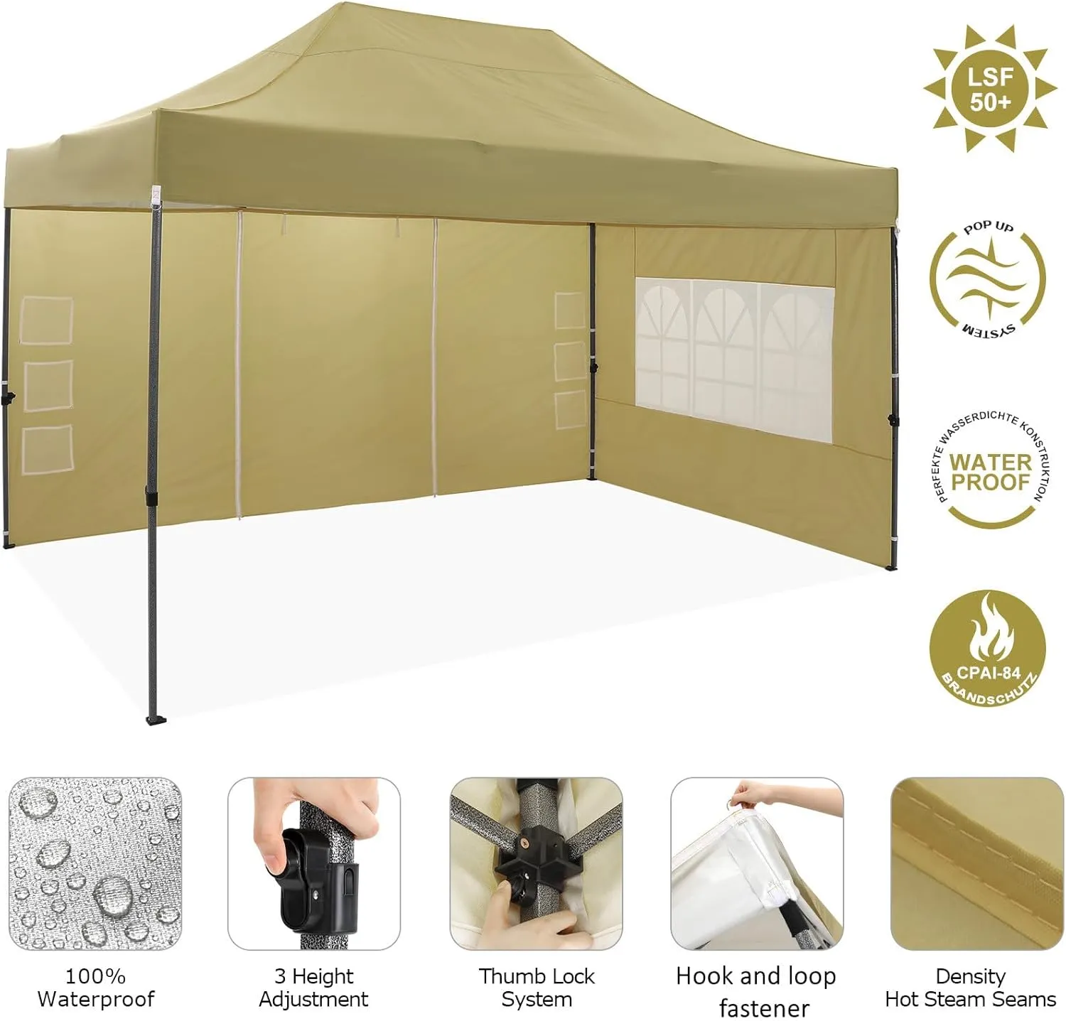COBIZI 10x15 Pop up Canopy Gazebo 3.0, Easy up Heavy Duty Canopy with 4 Removable Sidewalls, High Stability, All Weather Sunshade 100% Waterproof Outdoor Canopy Tents, Khaki