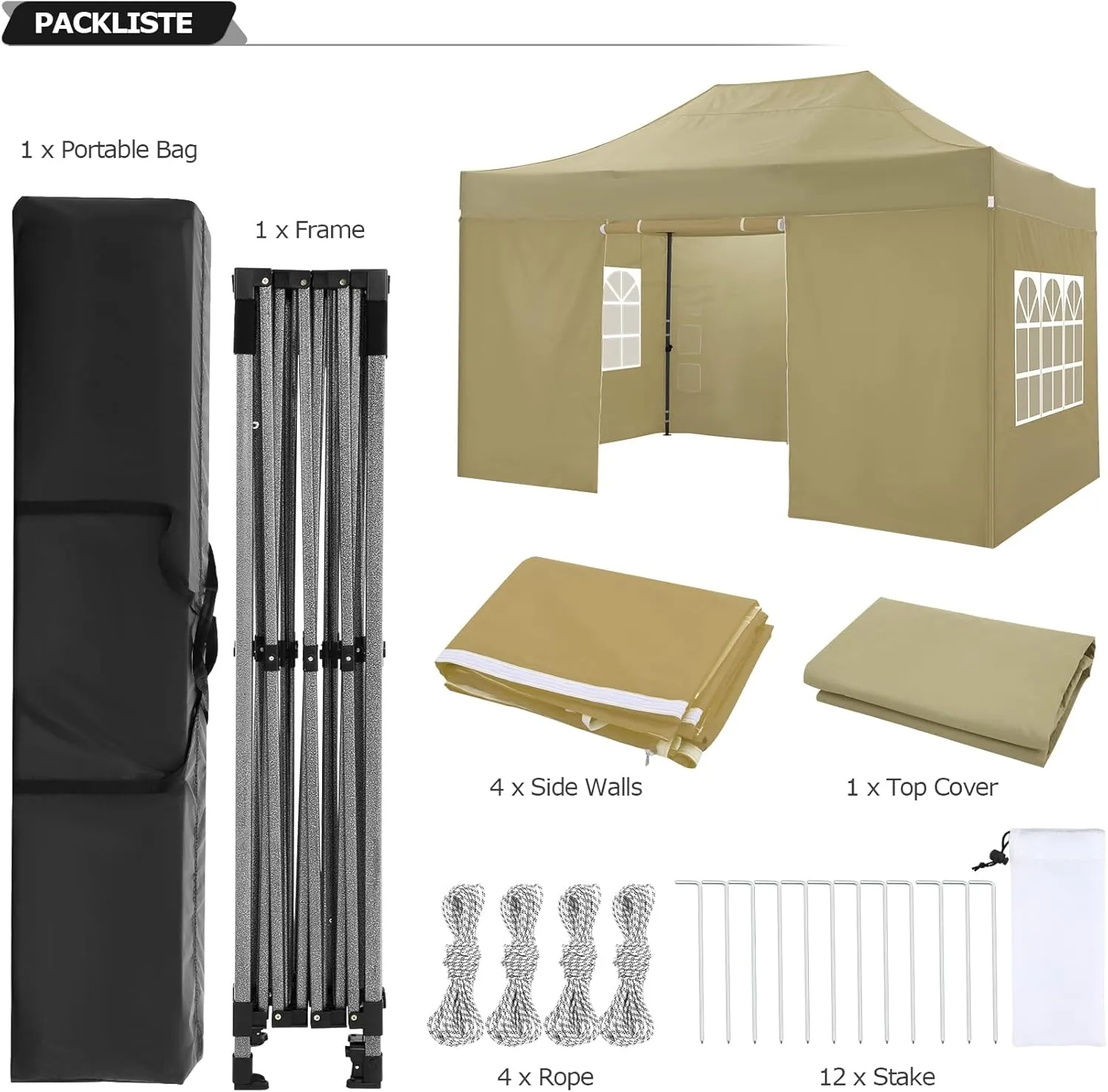 COBIZI 10x15 Pop up Canopy Gazebo 3.0, Easy up Heavy Duty Canopy with 4 Removable Sidewalls, High Stability, All Weather Sunshade 100% Waterproof Outdoor Canopy Tents, Khaki