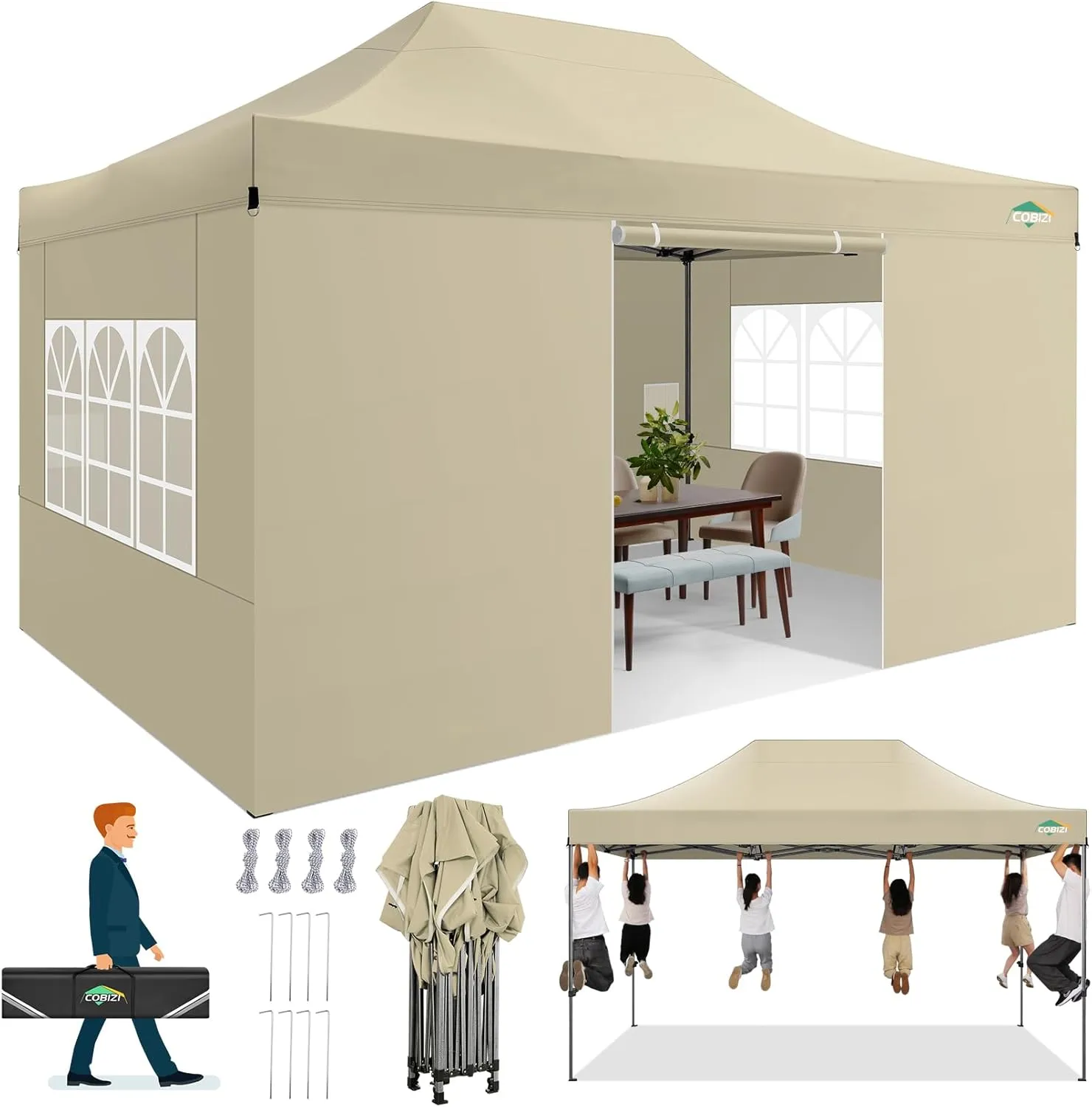 COBIZI 10x15 Pop up Canopy Gazebo 3.0, Easy up Heavy Duty Canopy with 4 Removable Sidewalls, High Stability, All Weather Sunshade 100% Waterproof Outdoor Canopy Tents, Khaki