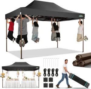 COBIZI 10x15 Pop Up Canopy Tent Heavy Duty Without Sidewall, Commercial Outdoor Easy Pop Up Gazebo for Party Wedding All Weather Waterproof UV 50  with Roller Bag(Leg Upgraded),Black