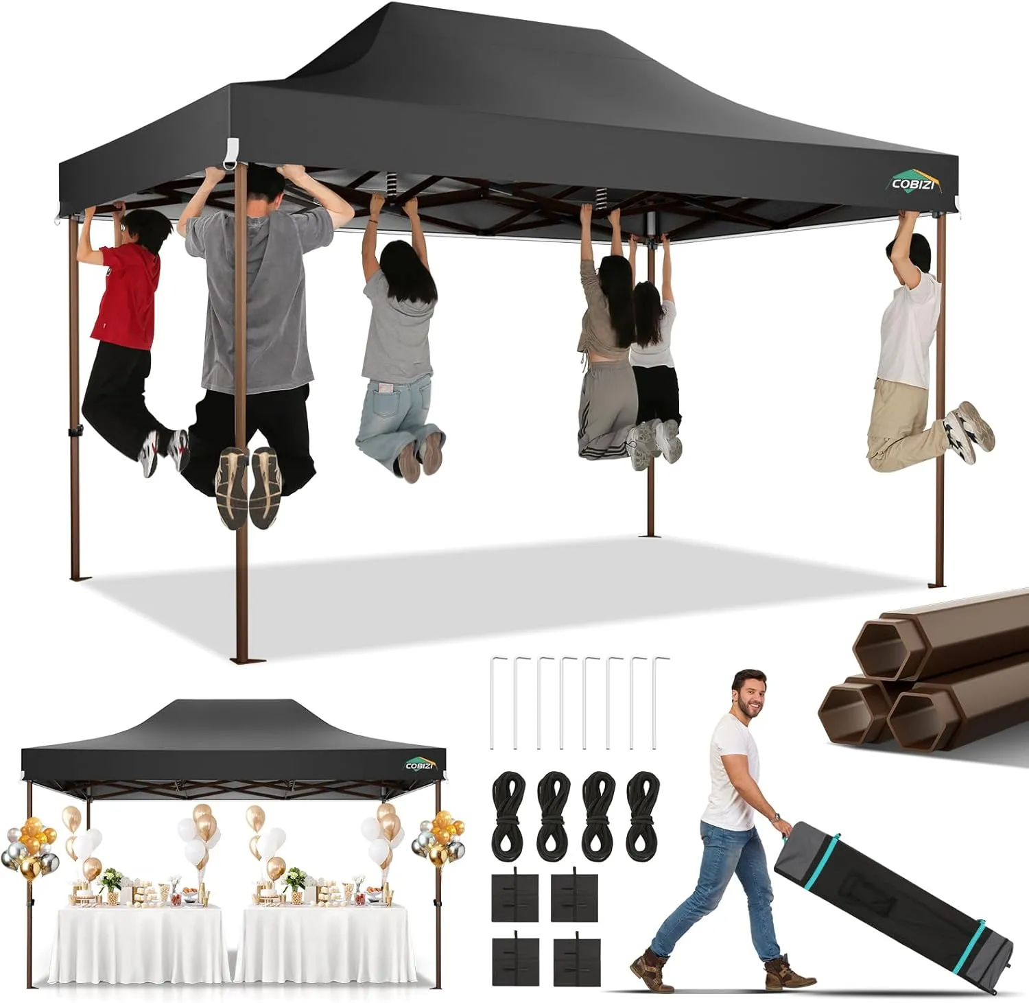 COBIZI 10x15 Pop Up Canopy Tent Heavy Duty Without Sidewall, Commercial Outdoor Easy Pop Up Gazebo for Party Wedding All Weather Waterproof UV 50  with Roller Bag(Leg Upgraded),Black