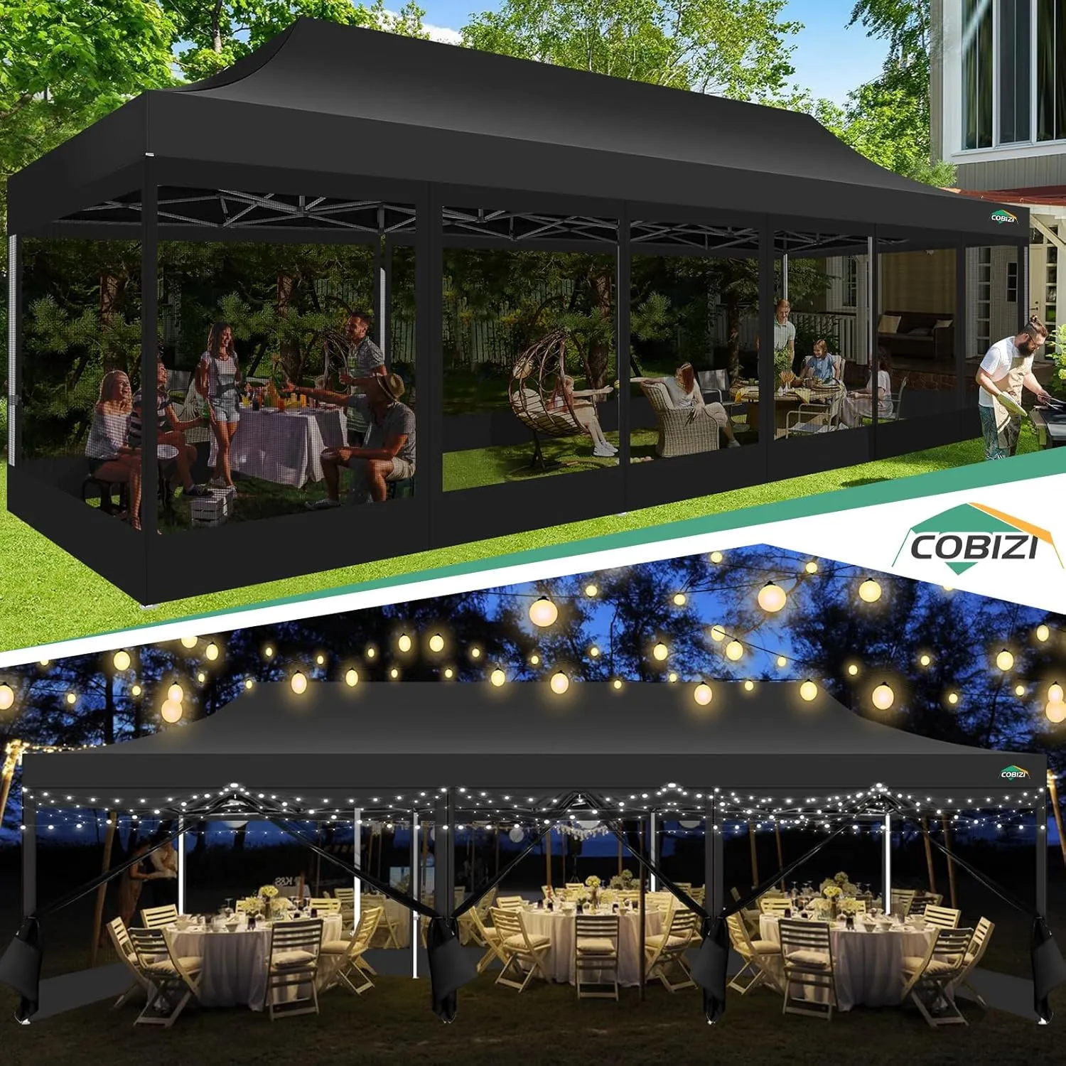 COBIZI 10x30 Canopy Tent with 8 Sidewalls,Heavy Duty Pop up Canopy Party Tent with Mosquito Netting,Easy up Screen Canopy for Parties Wedding Outdoor Patio with Roller Bag,Sandbag,Black