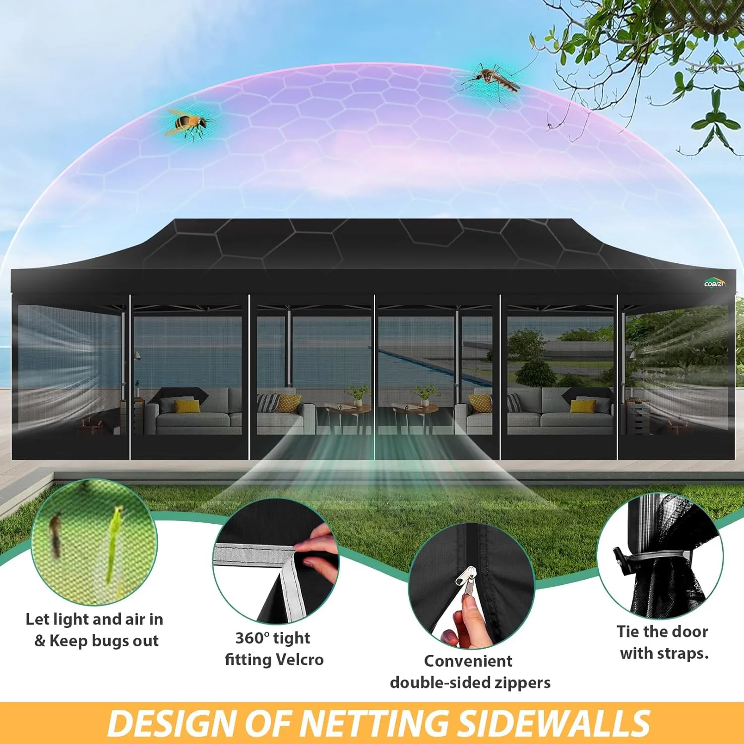 COBIZI 10x30 Canopy Tent with 8 Sidewalls,Heavy Duty Pop up Canopy Party Tent with Mosquito Netting,Easy up Screen Canopy for Parties Wedding Outdoor Patio with Roller Bag,Sandbag,Black