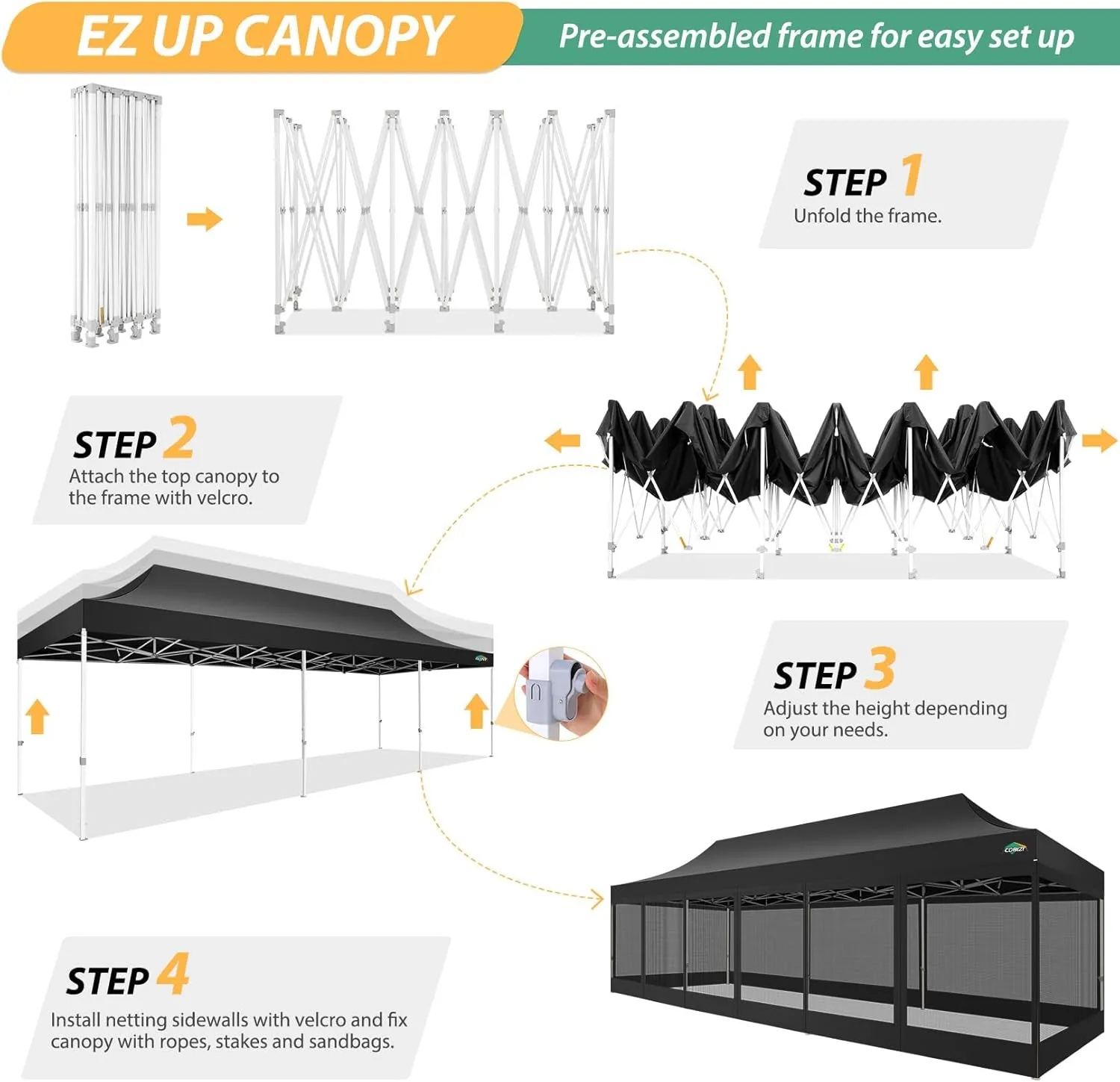 COBIZI 10x30 Canopy Tent with 8 Sidewalls,Heavy Duty Pop up Canopy Party Tent with Mosquito Netting,Easy up Screen Canopy for Parties Wedding Outdoor Patio with Roller Bag,Sandbag,Black