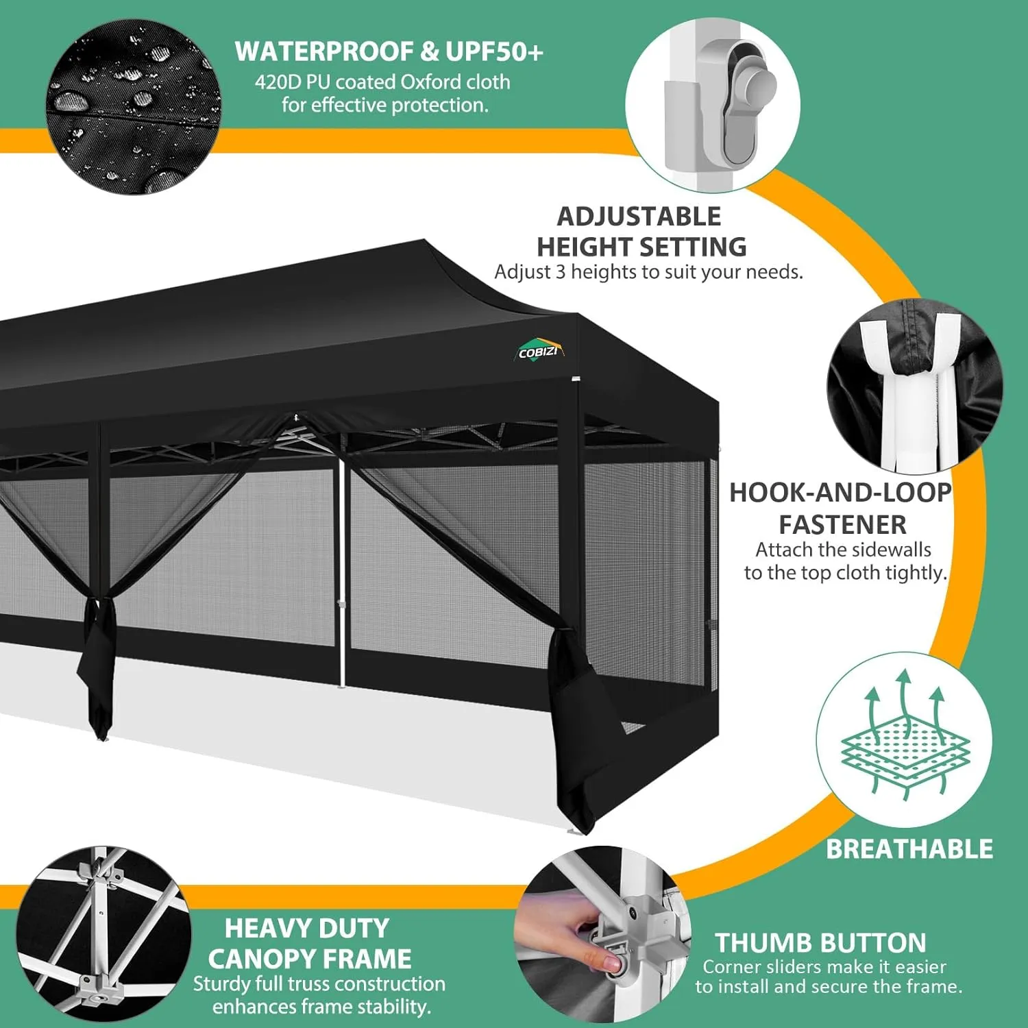 COBIZI 10x30 Canopy Tent with 8 Sidewalls,Heavy Duty Pop up Canopy Party Tent with Mosquito Netting,Easy up Screen Canopy for Parties Wedding Outdoor Patio with Roller Bag,Sandbag,Black