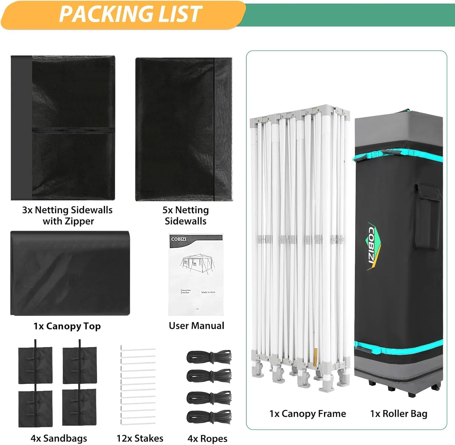 COBIZI 10x30 Canopy Tent with 8 Sidewalls,Heavy Duty Pop up Canopy Party Tent with Mosquito Netting,Easy up Screen Canopy for Parties Wedding Outdoor Patio with Roller Bag,Sandbag,Black