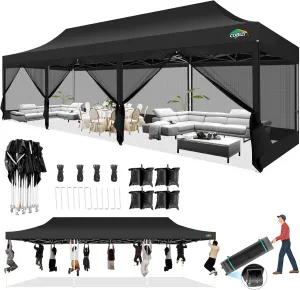 COBIZI 10x30 Canopy Tent with 8 Sidewalls,Heavy Duty Pop up Canopy Party Tent with Mosquito Netting,Easy up Screen Canopy for Parties Wedding Outdoor Patio with Roller Bag,Sandbag,Black