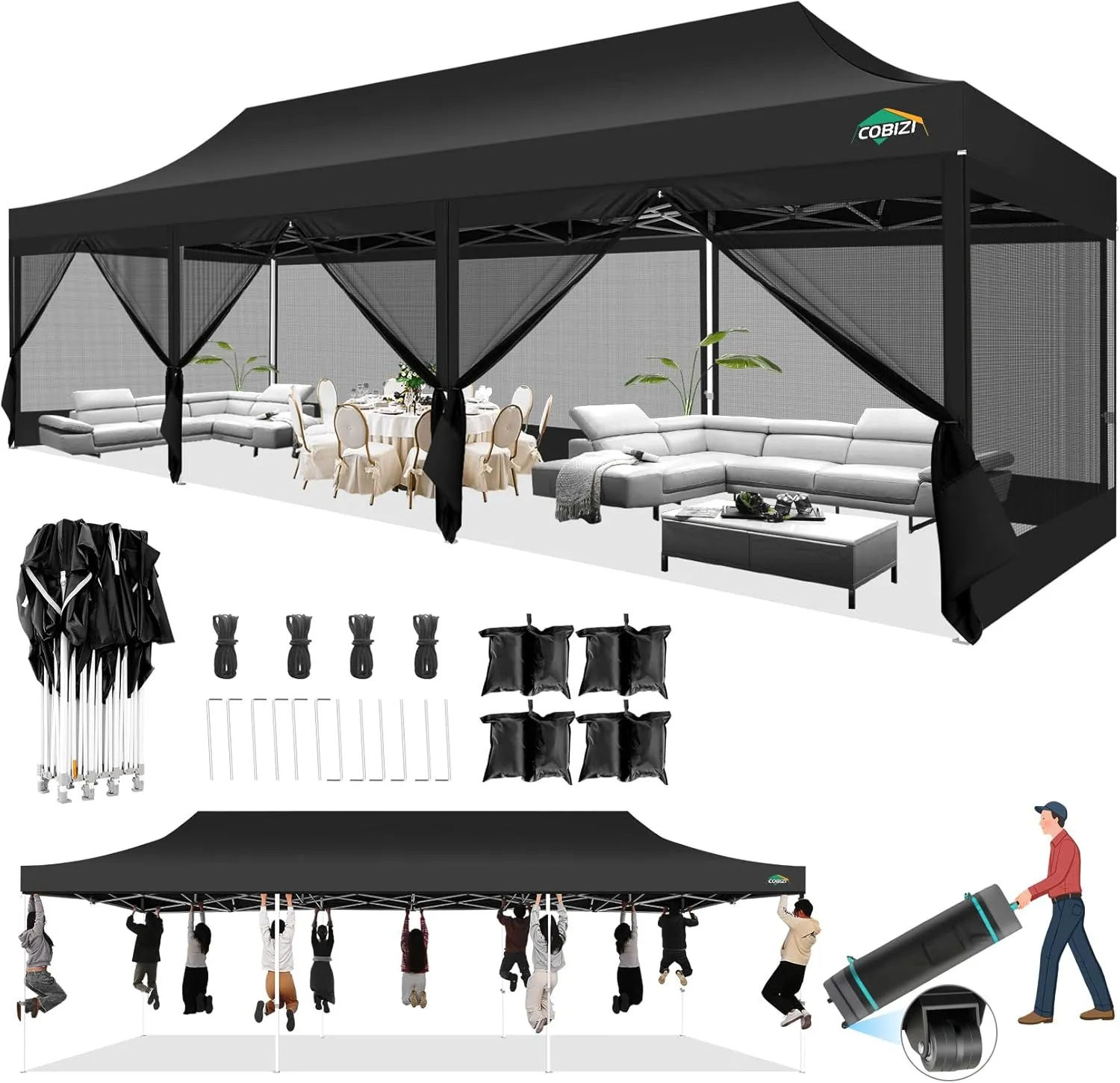 COBIZI 10x30 Canopy Tent with 8 Sidewalls,Heavy Duty Pop up Canopy Party Tent with Mosquito Netting,Easy up Screen Canopy for Parties Wedding Outdoor Patio with Roller Bag,Sandbag,Black
