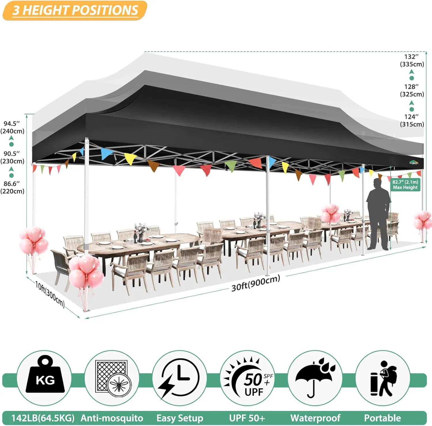 COBIZI 10x30 Canopy Tent with 8 Sidewalls,Heavy Duty Pop up Canopy Party Tent with Mosquito Netting,Easy up Screen Canopy for Parties Wedding Outdoor Patio with Roller Bag,Sandbag,Black