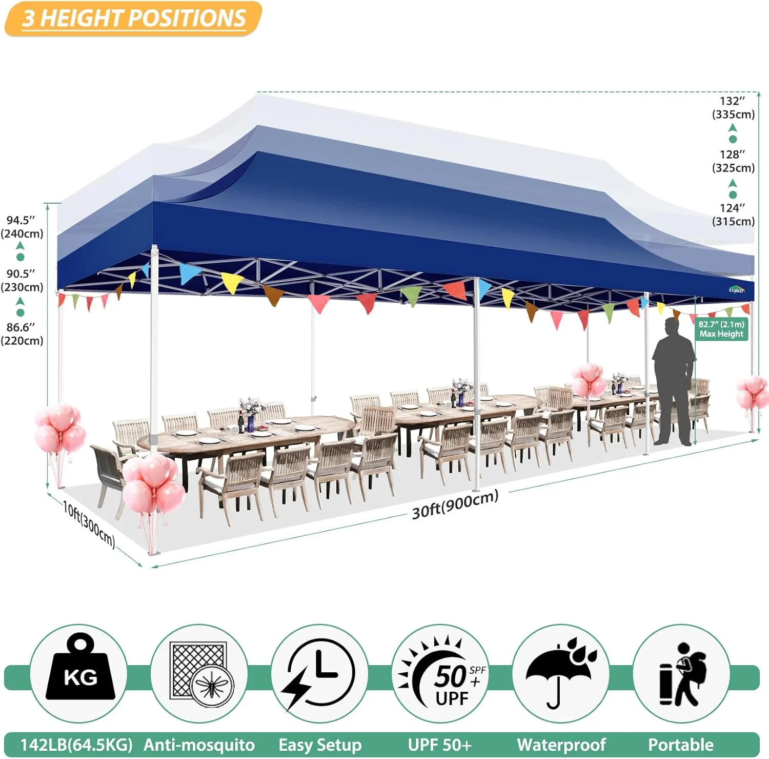 COBIZI 10x30 Canopy Tent with 8 Sidewalls,Heavy Duty Pop up Canopy Party Tent with Mosquito Netting,Easy up Screen Canopy for Parties Wedding Outdoor Patio with Roller Bag,Sandbag,Deep Blue