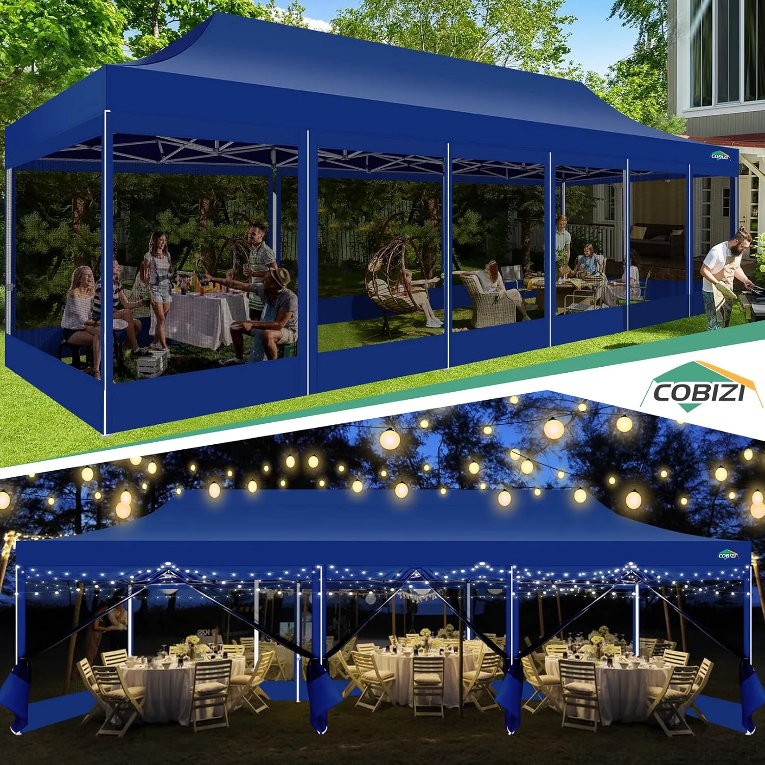 COBIZI 10x30 Canopy Tent with 8 Sidewalls,Heavy Duty Pop up Canopy Party Tent with Mosquito Netting,Easy up Screen Canopy for Parties Wedding Outdoor Patio with Roller Bag,Sandbag,Deep Blue