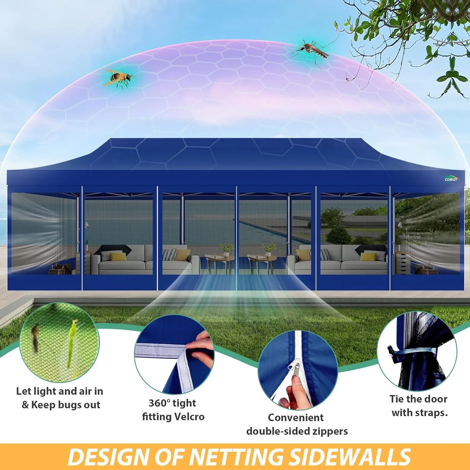 COBIZI 10x30 Canopy Tent with 8 Sidewalls,Heavy Duty Pop up Canopy Party Tent with Mosquito Netting,Easy up Screen Canopy for Parties Wedding Outdoor Patio with Roller Bag,Sandbag,Deep Blue
