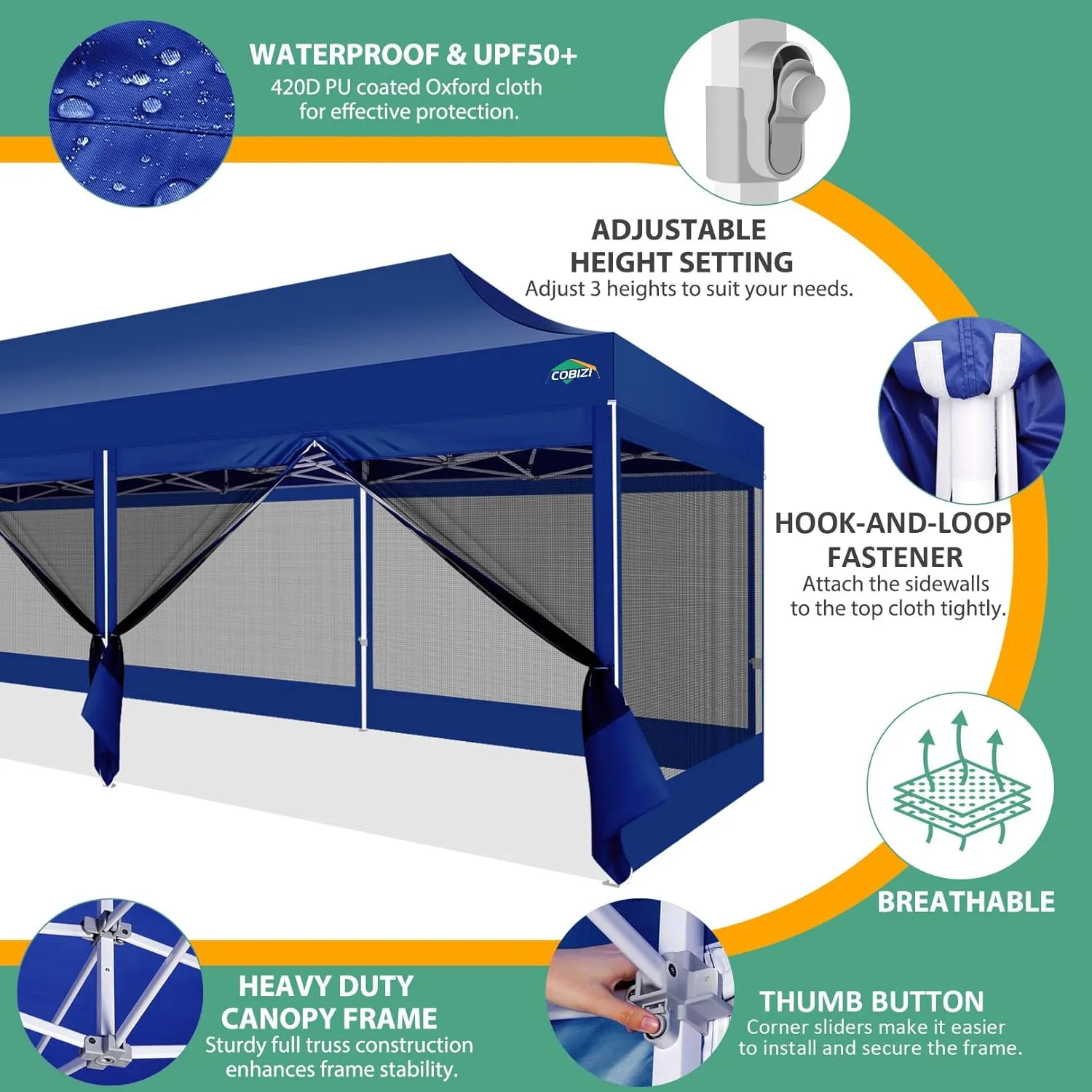 COBIZI 10x30 Canopy Tent with 8 Sidewalls,Heavy Duty Pop up Canopy Party Tent with Mosquito Netting,Easy up Screen Canopy for Parties Wedding Outdoor Patio with Roller Bag,Sandbag,Deep Blue
