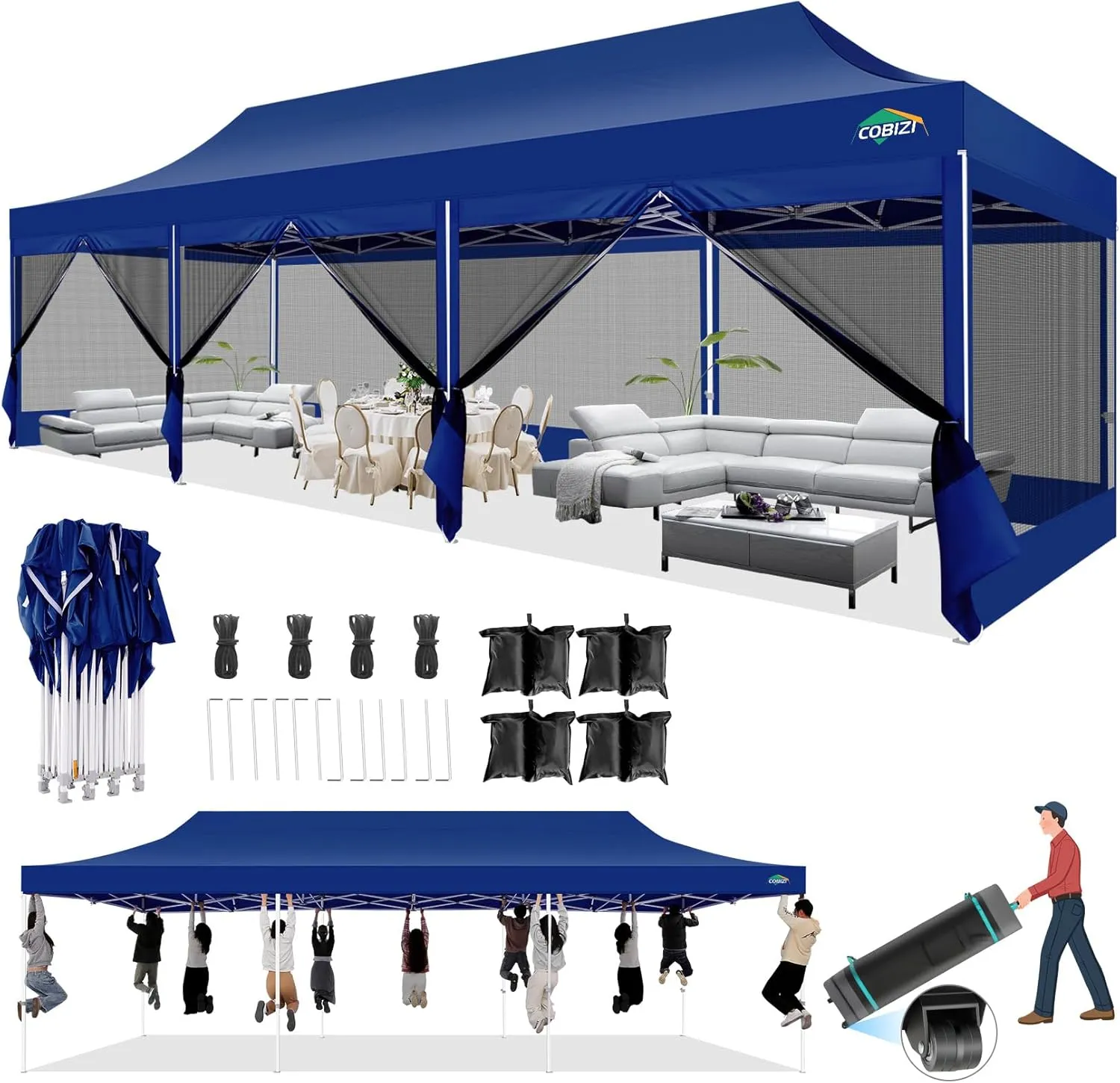COBIZI 10x30 Canopy Tent with 8 Sidewalls,Heavy Duty Pop up Canopy Party Tent with Mosquito Netting,Easy up Screen Canopy for Parties Wedding Outdoor Patio with Roller Bag,Sandbag,Deep Blue