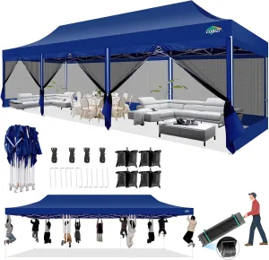 COBIZI 10x30 Canopy Tent with 8 Sidewalls,Heavy Duty Pop up Canopy Party Tent with Mosquito Netting,Easy up Screen Canopy for Parties Wedding Outdoor Patio with Roller Bag,Sandbag,Deep Blue