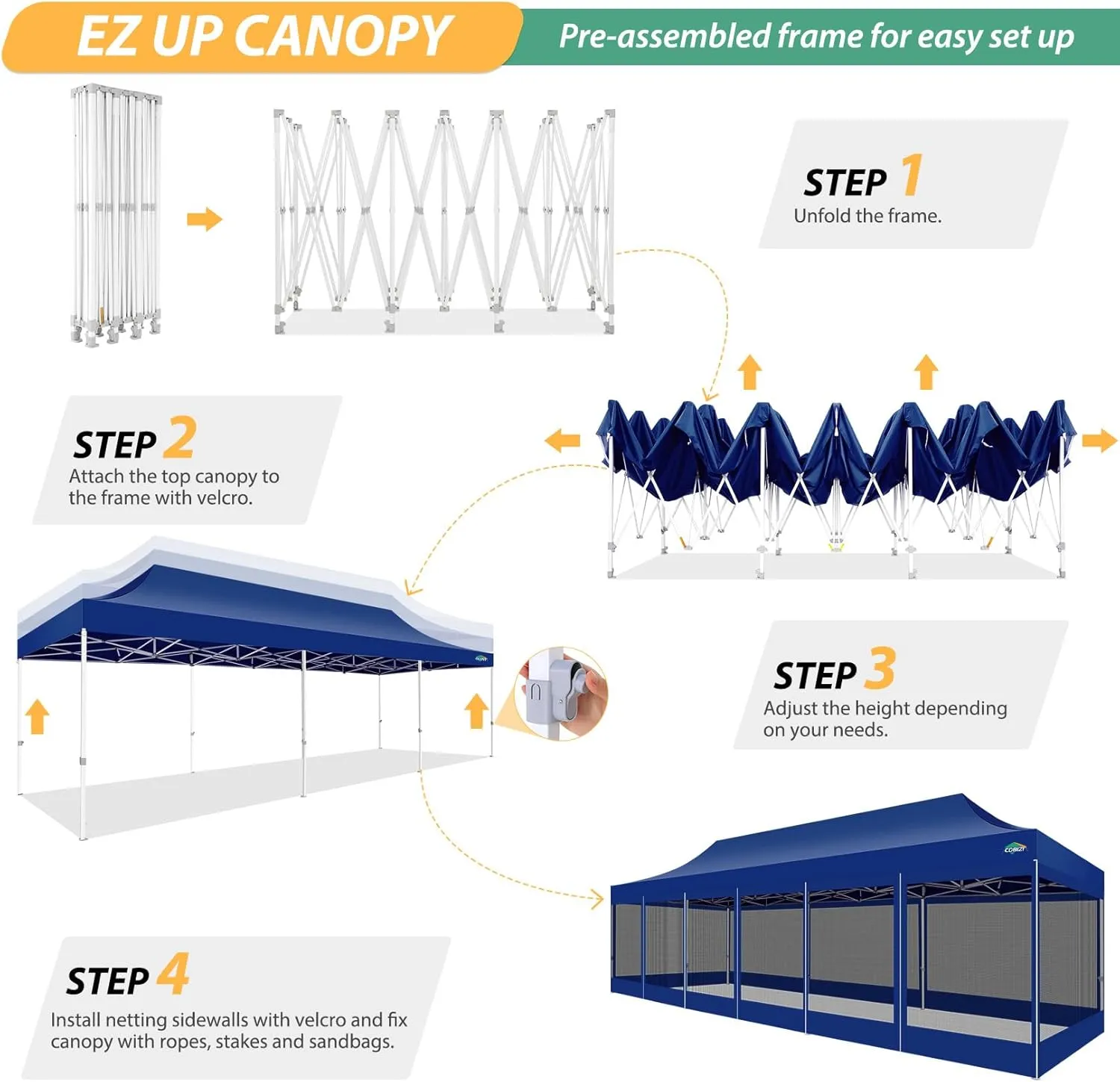 COBIZI 10x30 Canopy Tent with 8 Sidewalls,Heavy Duty Pop up Canopy Party Tent with Mosquito Netting,Easy up Screen Canopy for Parties Wedding Outdoor Patio with Roller Bag,Sandbag,Deep Blue