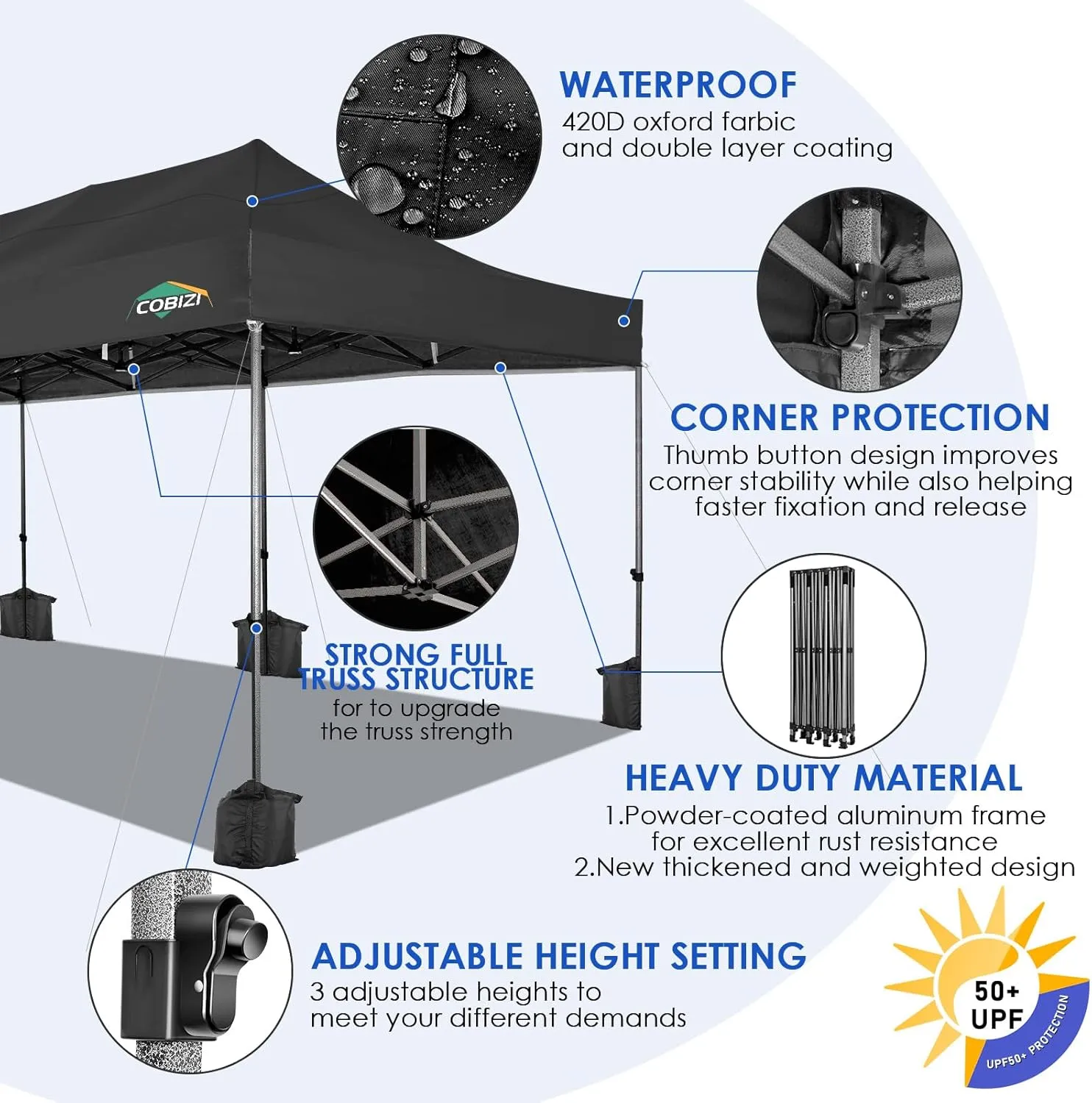 COBIZI 10x30 Pop up Canopy, Heavy Duty Outdoor Party Tents for Parties, Ez up UPF 50  Waterproof Commercial Canopy with Wheeled Bag can fold, Black(Windproof Upgraded)