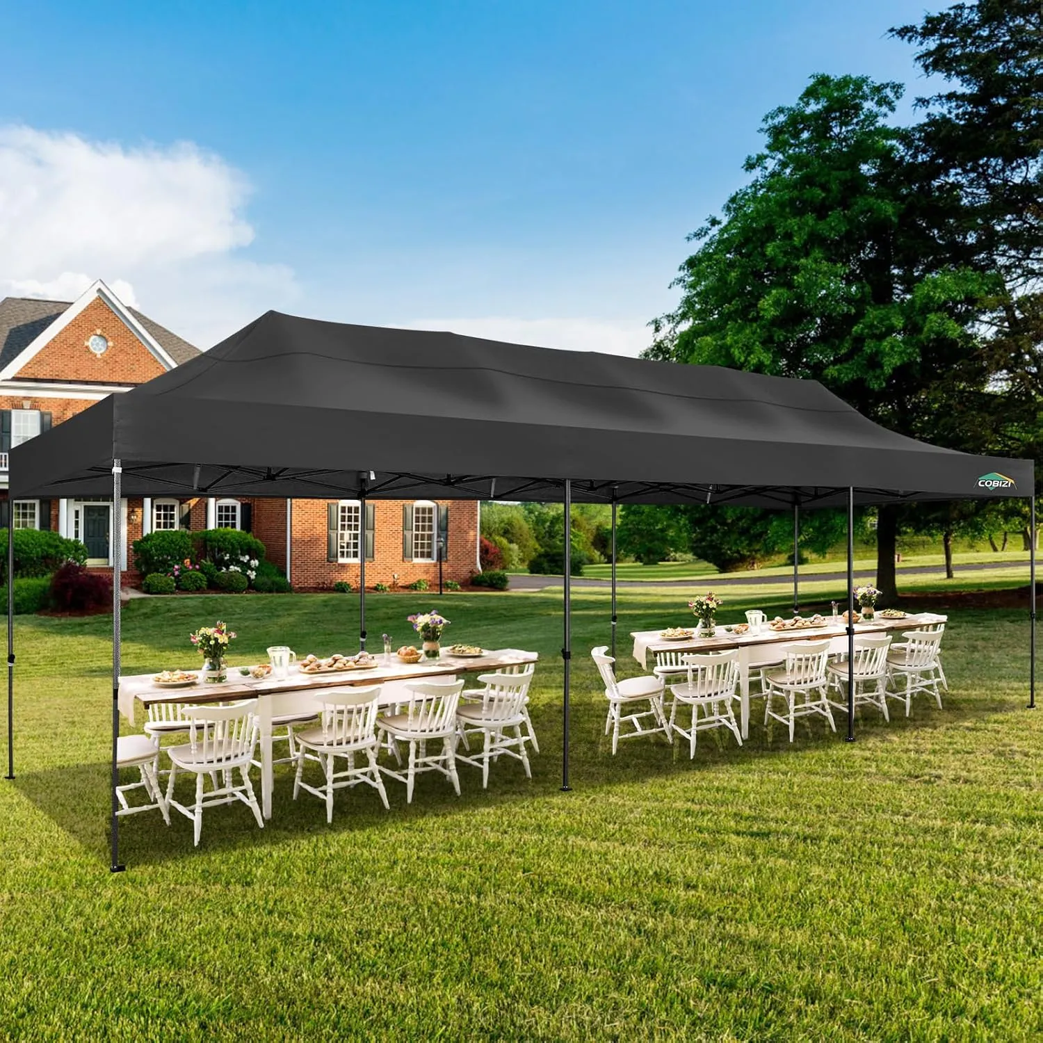COBIZI 10x30 Pop up Canopy, Heavy Duty Outdoor Party Tents for Parties, Ez up UPF 50  Waterproof Commercial Canopy with Wheeled Bag can fold, Black(Windproof Upgraded)