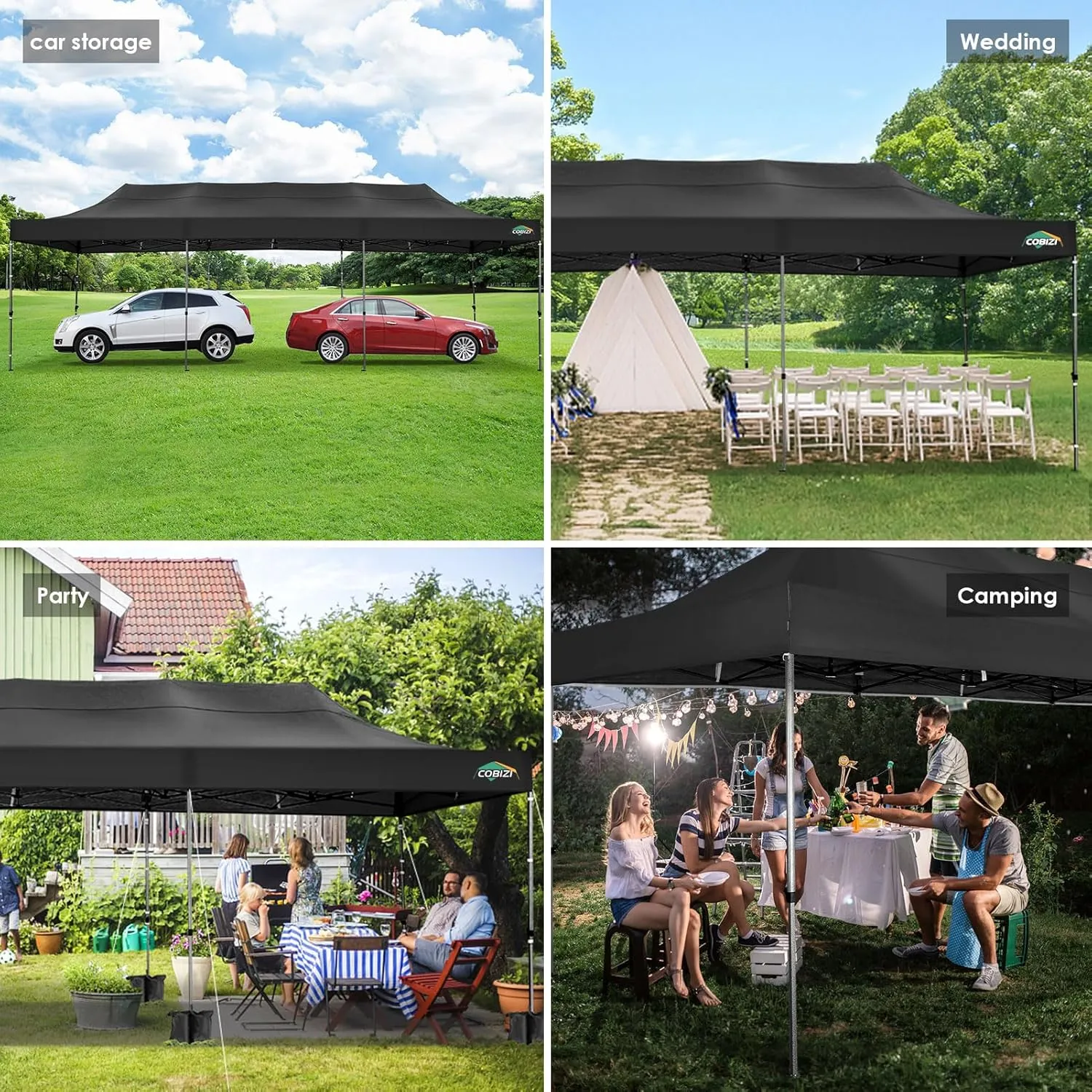 COBIZI 10x30 Pop up Canopy, Heavy Duty Outdoor Party Tents for Parties, Ez up UPF 50  Waterproof Commercial Canopy with Wheeled Bag can fold, Black(Windproof Upgraded)